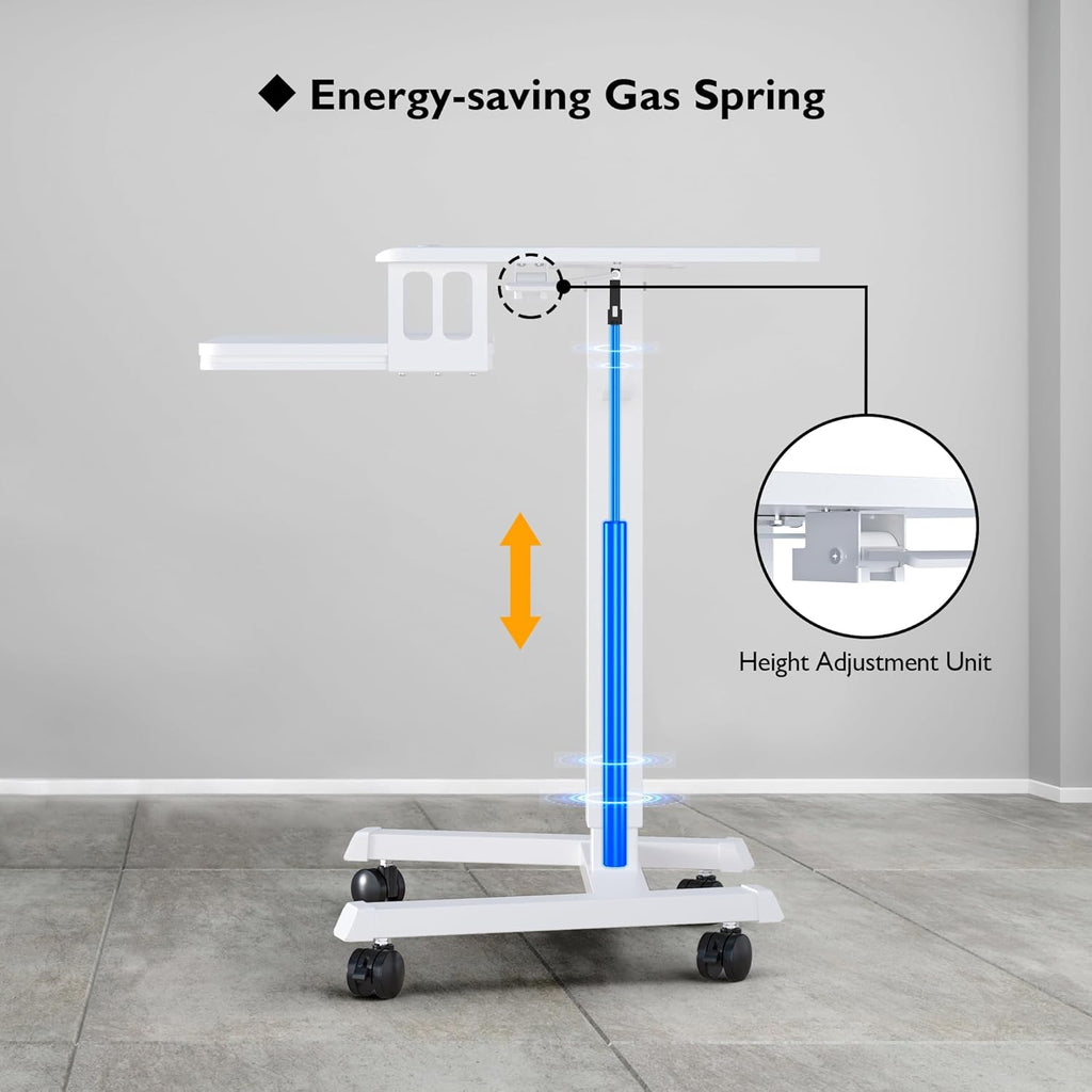 BONTEC Mobile Standing Desk with Keyboard Tray, Mobile Podium, Rolling Laptop Sit Stand Desk on Wheels, Adjustable Height Up to 33lbs, Portable Computer Workstation Cart for Living Room, Office, White
