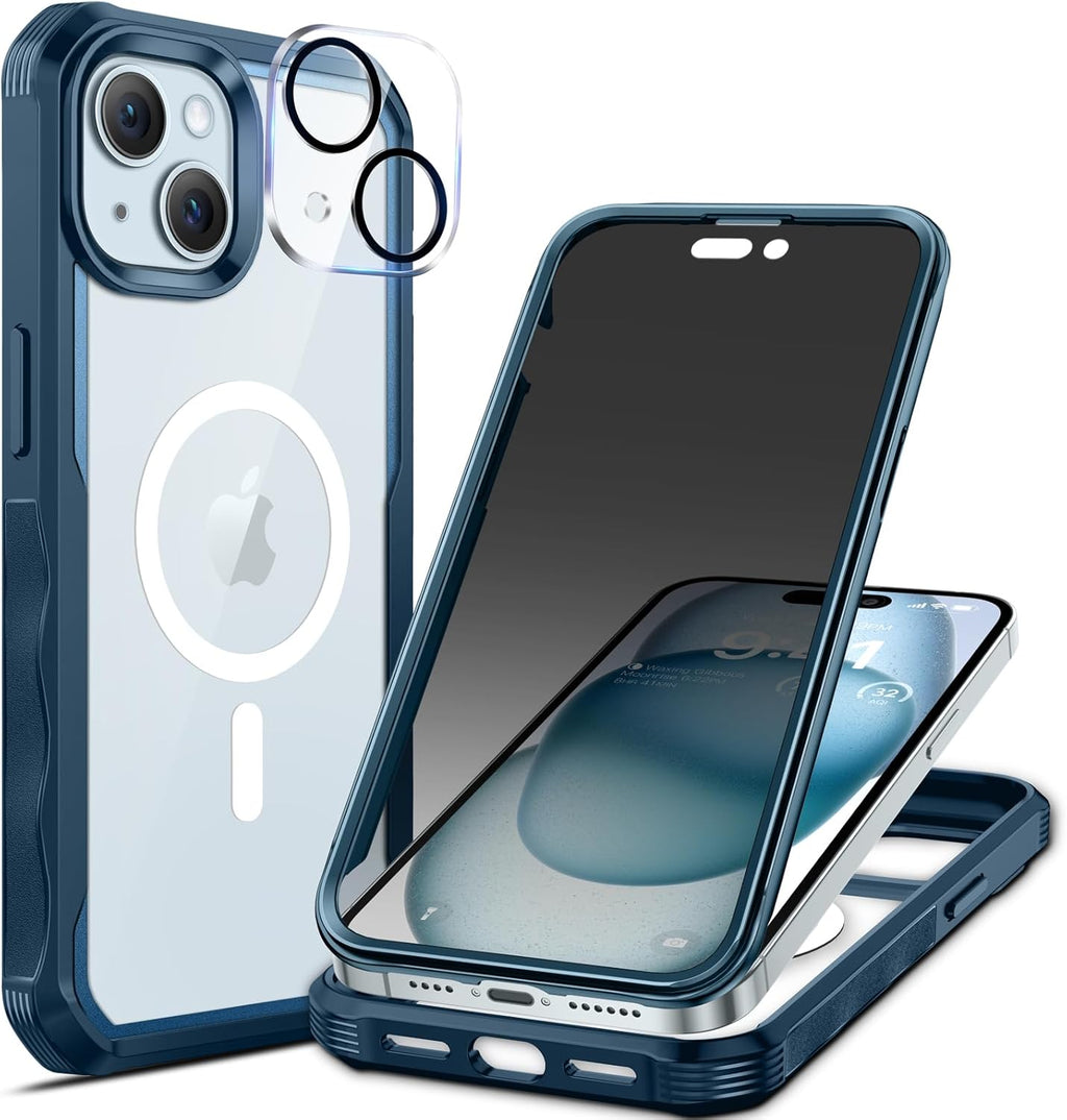 seacosmo for iPhone 15 Case, Full Body Bumper with Built-in 9H Tempered Glass Privacy Screen Protector and Camera Lens Protector, Compatible with MagSafe, Shockproof Phone Cover, 6.1", Blue