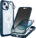seacosmo for iPhone 15 Case, Full Body Bumper with Built-in 9H Tempered Glass Privacy Screen Protector and Camera Lens Protector, Compatible with MagSafe, Shockproof Phone Cover, 6.1", Blue
