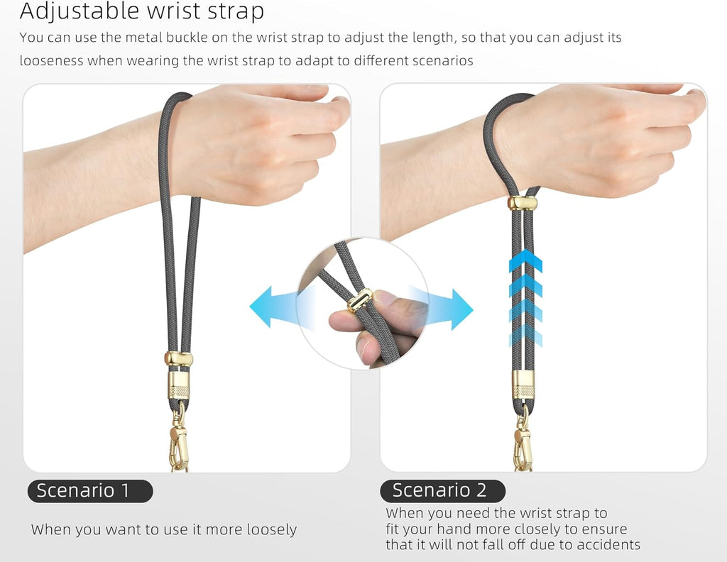 Cell Phone Lanyard Adjustable Crossbody Phone Lanyard *1 Phone Wrist Strap *1 with Deluxe Gold Matal Buckle + Clear Tether Tabs *2 for Shopping Travelling Hiking(BLACKGRAY)