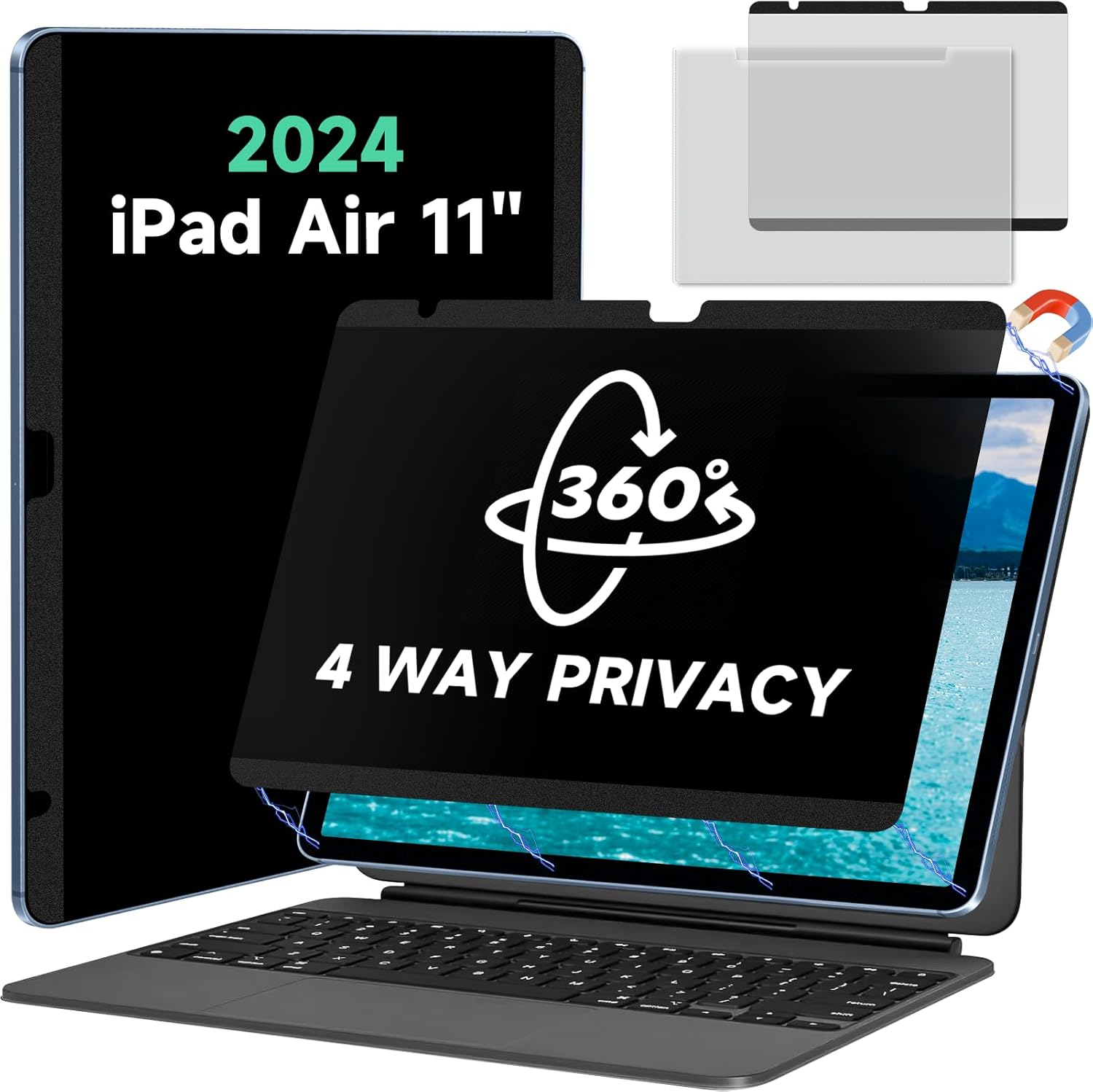 Magnetic Full Privacy Screen for iPad Air 11 inch M2/M3 (6/7th Gen，2024/2025) Case Friendly Blue light Blocker Anti-glare Eye Strain Filter, Removable 360°Anti Spy Film Support Apple Pencil