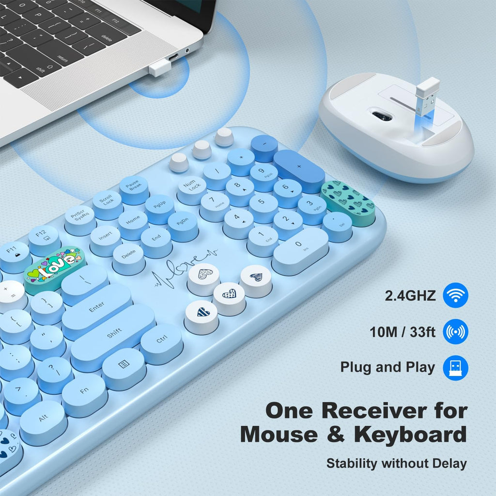KNOWSQT Wireless Keyboard and Mouse Combo - Lovely Blue Rainbow Full-Sized Typewriter Colorful Keyboards, Round Keycap USB Plug Play Retro Cute Keyboards for Windows, Laptop, PC, Desktop, Computer