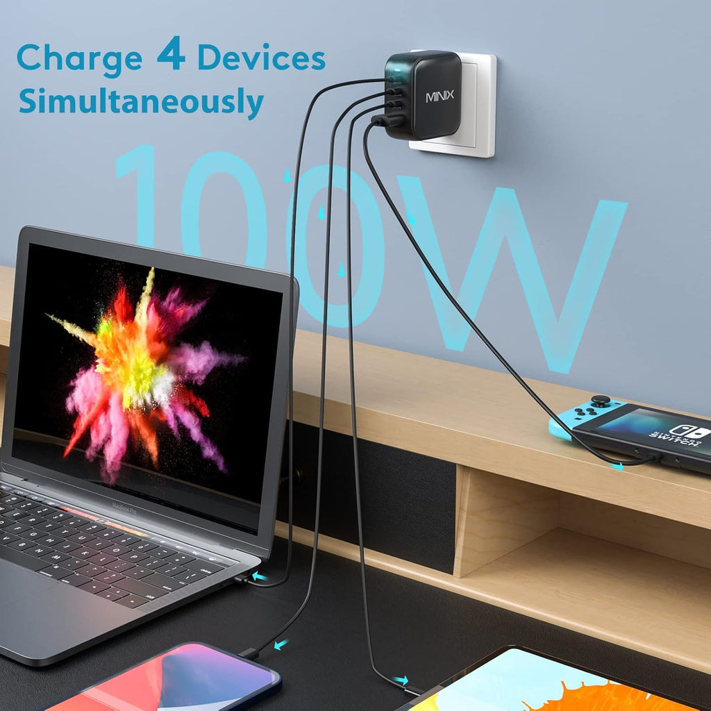 MINIX NEO P3 100W Turbo 4-Ports GaN Wall Charger, 3 x USB-C Port Fast Charging Adapter(Max 100W/20W), 1 USB-A (Max 18W). Compatible with MacBook Pro Air, iPad Pro, iPhone 14,Galaxy S9 and More.