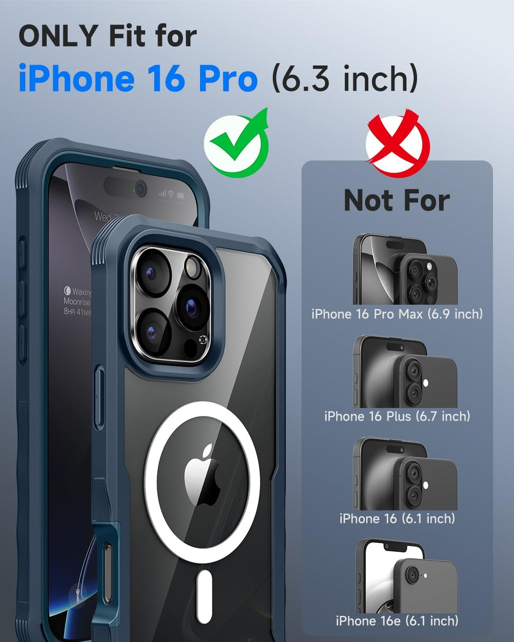 seacosmo for iPhone 16 Pro Case, Full Body Bumper with Built-in 9H Tempered Glass Privacy Screen Protector and Camera Lens Protector, Compatible with MagSafe, Shockproof Phone Cover, 6.3", Blue