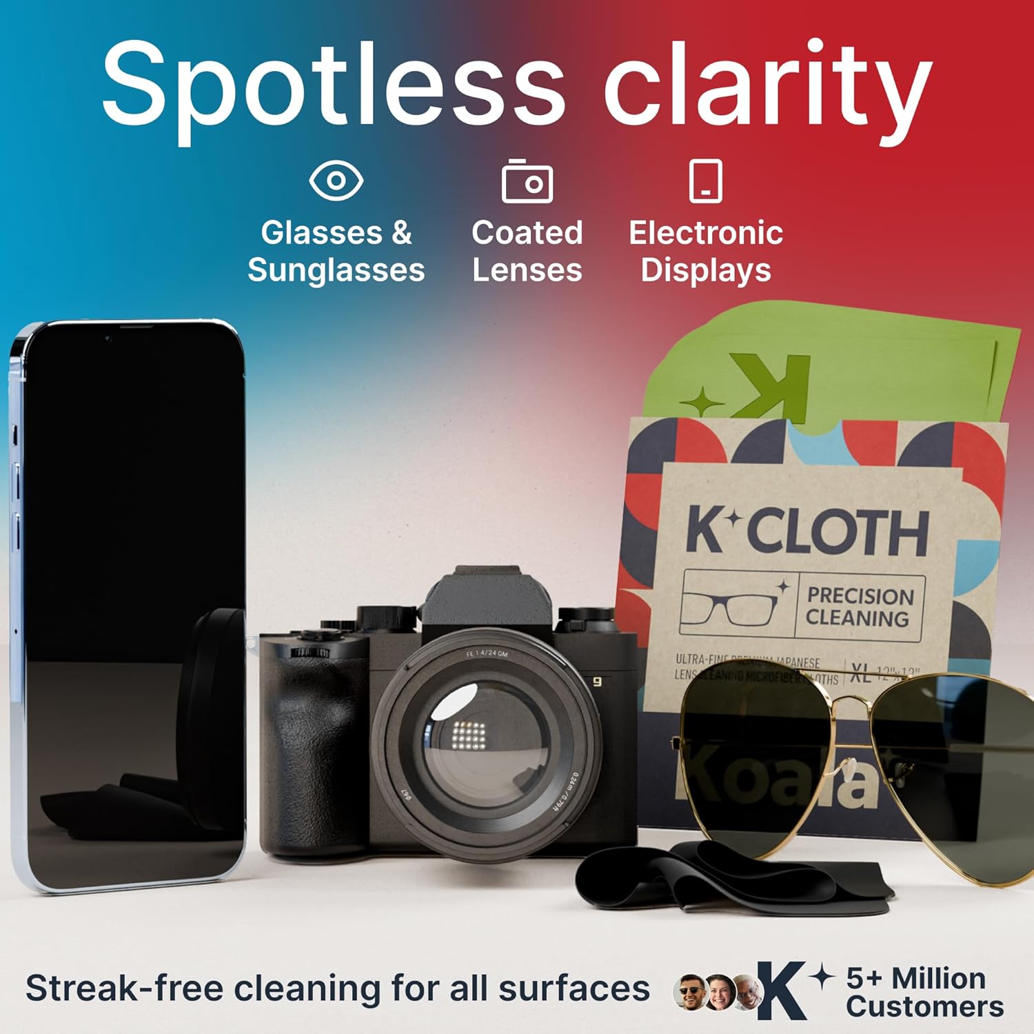 Koala Lens Cleaning Cloth | Japanese Microfiber | Glasses Cleaning Cloths | Eyeglass Lens Cleaner | Eyeglasses, Camera, VR/AR Headset, and Screen Cleaner | Black & Green (Pack of 3)