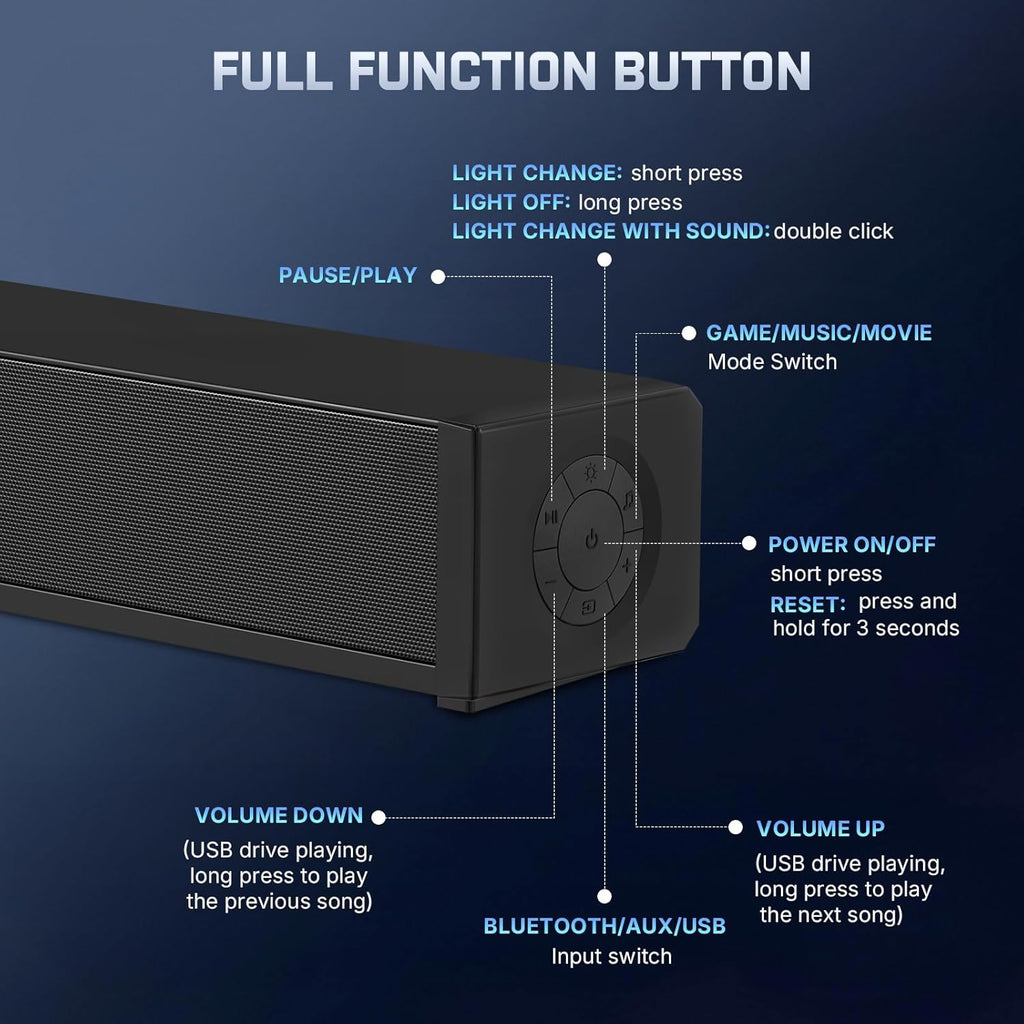 Wohome 2.1 Computer Speakers for Desktop PC, Bluetooth 5.3 PC Sound Bar with 7 RGB Light Modes, DC Powered Laptop Gaming Speakers with 3.5mm AUX-in/USB Connected for Projector, Tablet