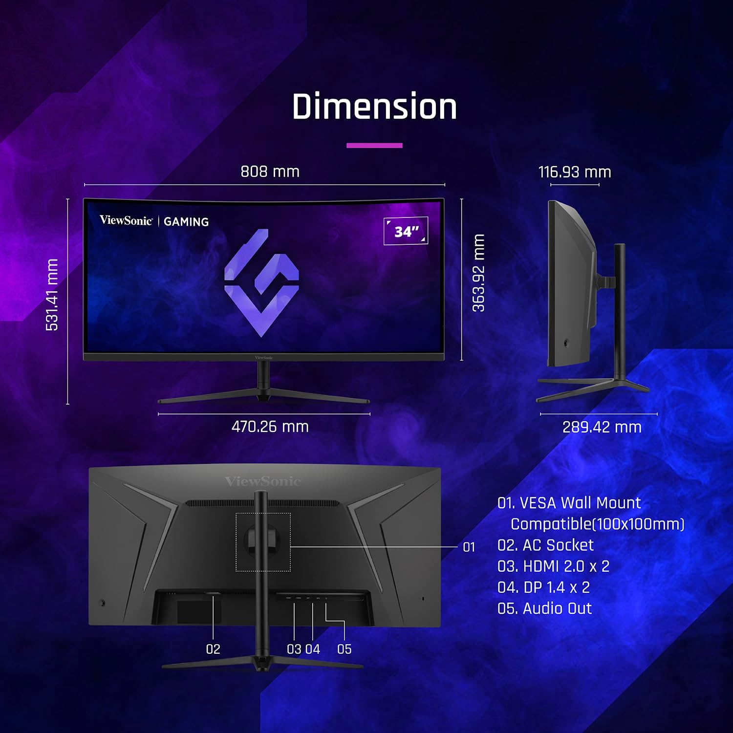 ViewSonic VX3418C-2K 34 Inch UltraWide QHD 1440p Curved Gaming Monitor with 180Hz, 1ms, 21:9, Advanced Ergonomics, FreeSync Premium, HDR10, HDMI, and DisplayPort Inputs