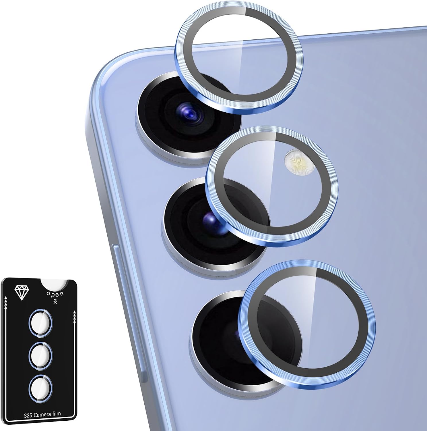 for Samsung Galaxy S25 Camera Lens Protector, Individual Metal Ring Tempered Glass Lens Cover, [Strong Adsorption] Scratch Resistant Ultra-Thin HD Clear Lens Cover, 1 Set-Blue