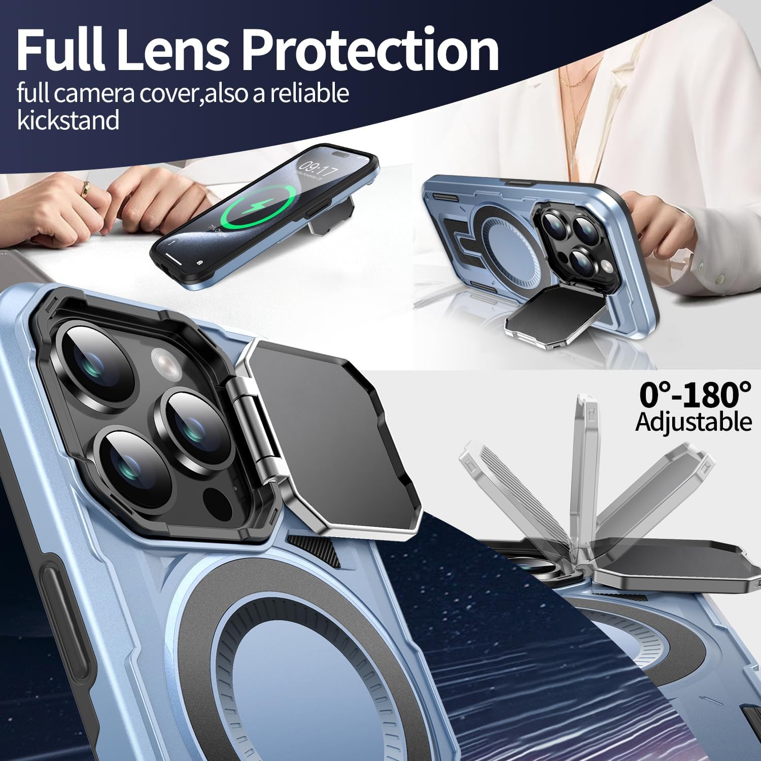 Camera Stand Case for iPhone 15 Pro, [Compatible with MagSafe] [Lens Cover] 2024 Version Military Grade Protective Soft Case for iPhone 15 Pro 6.1 inch Men Women, Blue