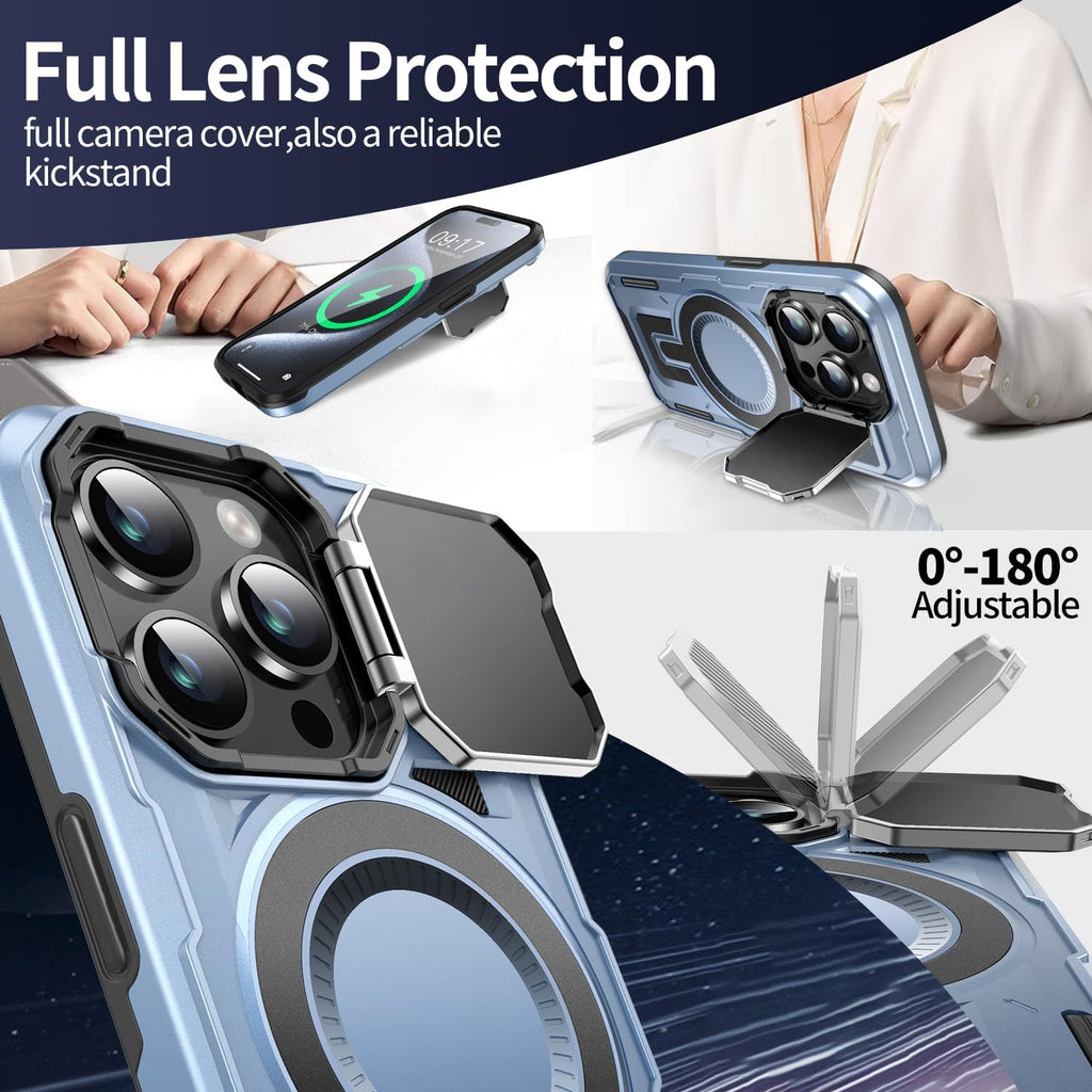 Camera Stand Case for iPhone 15 Pro Max, [Compatible with MagSafe] [Lens Cover] 2024 Version Military Grade Protective Soft Case for iPhone 15 Pro Max 6.7 inch Men Women, Blue