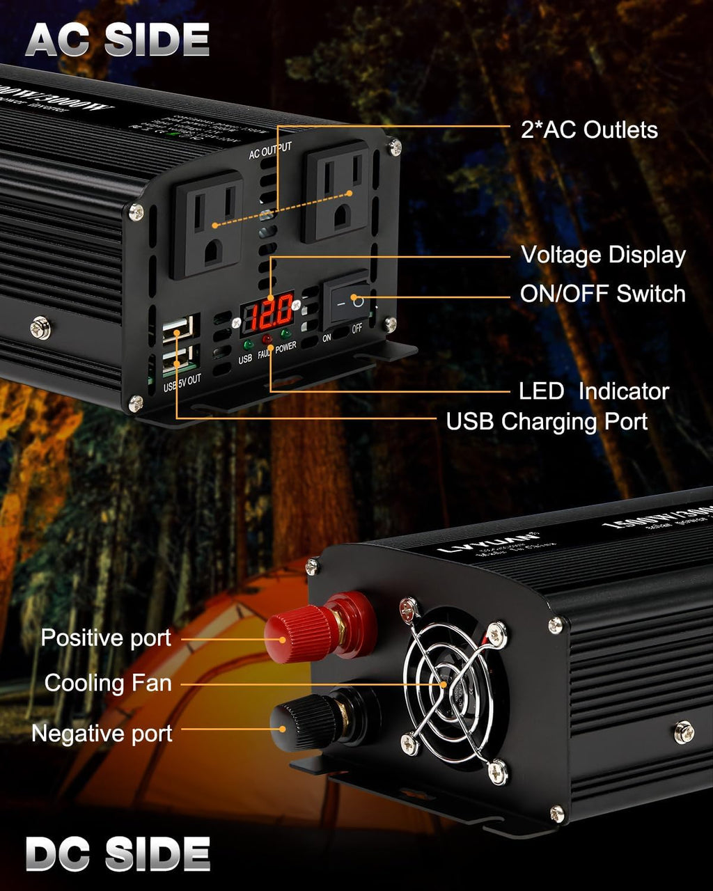 LVYUAN 1500W Inverter Car Power Inverter 12V to 110V for Vehicles with LED Display, US Outlets, USB Ports for Camping Outdoor Car Yacht RV