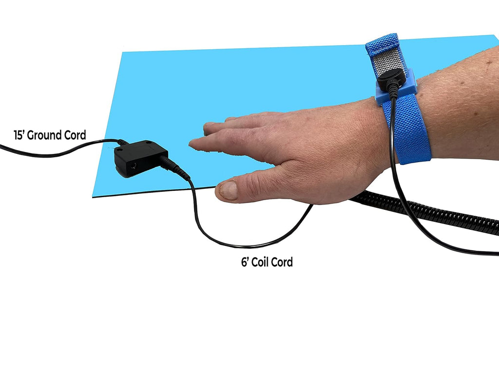 RubberStat Dual Layer ESD Compliant Workstation Rubber Table Mat Kit, Soldering, Cell Phone Repair, with Wrist Strap Set and Ground Cord - 24"x36" Blue