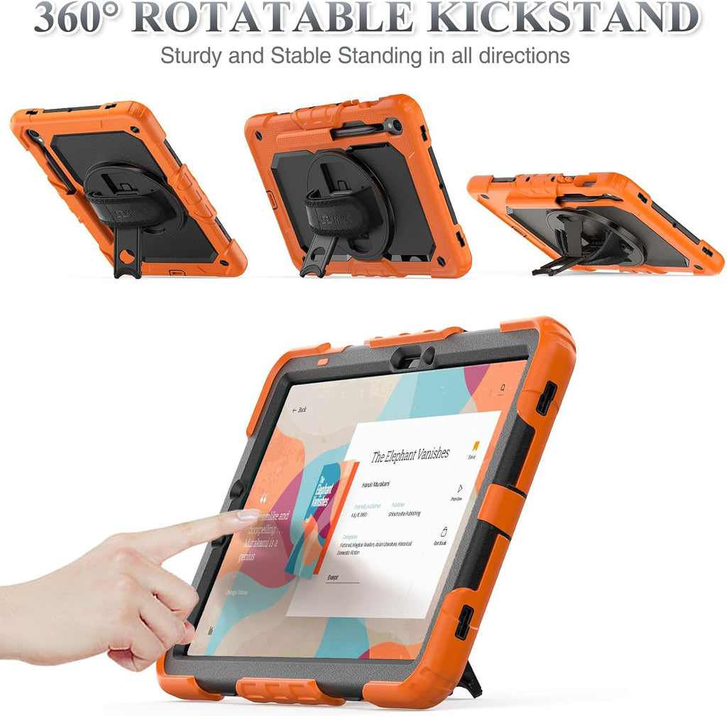 SEYMAC stock Case for Samsung Galaxy Tab S10 FE / S9 / S9 FE 5G Tablet Case Protective with Screen Protector, Pencil Holder, 360 Rotate Stand, Hand Strap, Shoulder Strap, Orange1