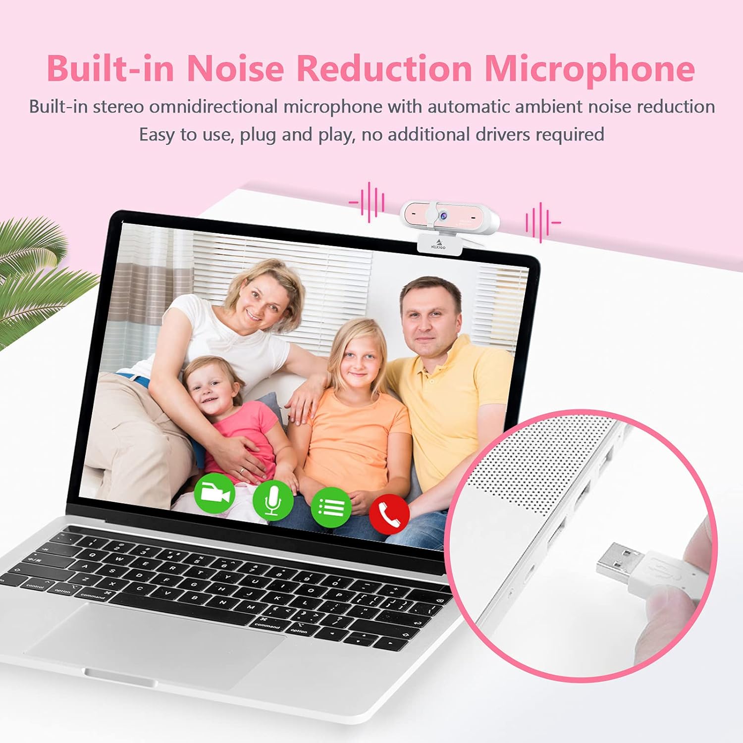 NexiGo N660P 1080P 60FPS Webcam with Software Control, Dual Microphone & Cover, Autofocus, HD USB Computer Web Camera, for OBS/Zoom/Skype/FaceTime/Teams/Twitch, Pink