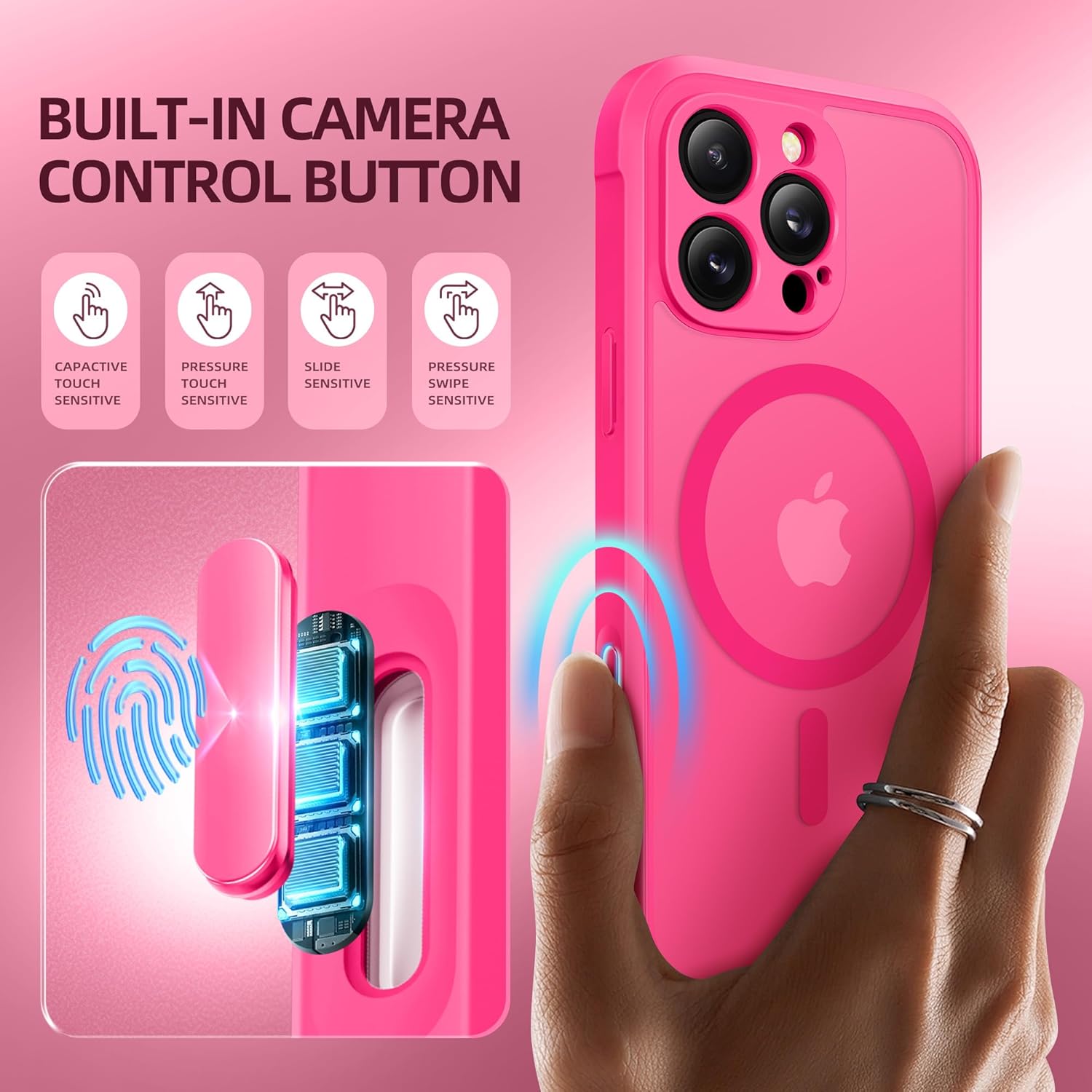 BERFY Magnetic for iPhone 16 Pro Max Case, Compatible with MagSafe, [Built-in 9H Tempered Glass Screen Protector & Camera Protection] Full Body Translucent Matte Phone case for 16 Pro Max, Hot Pink