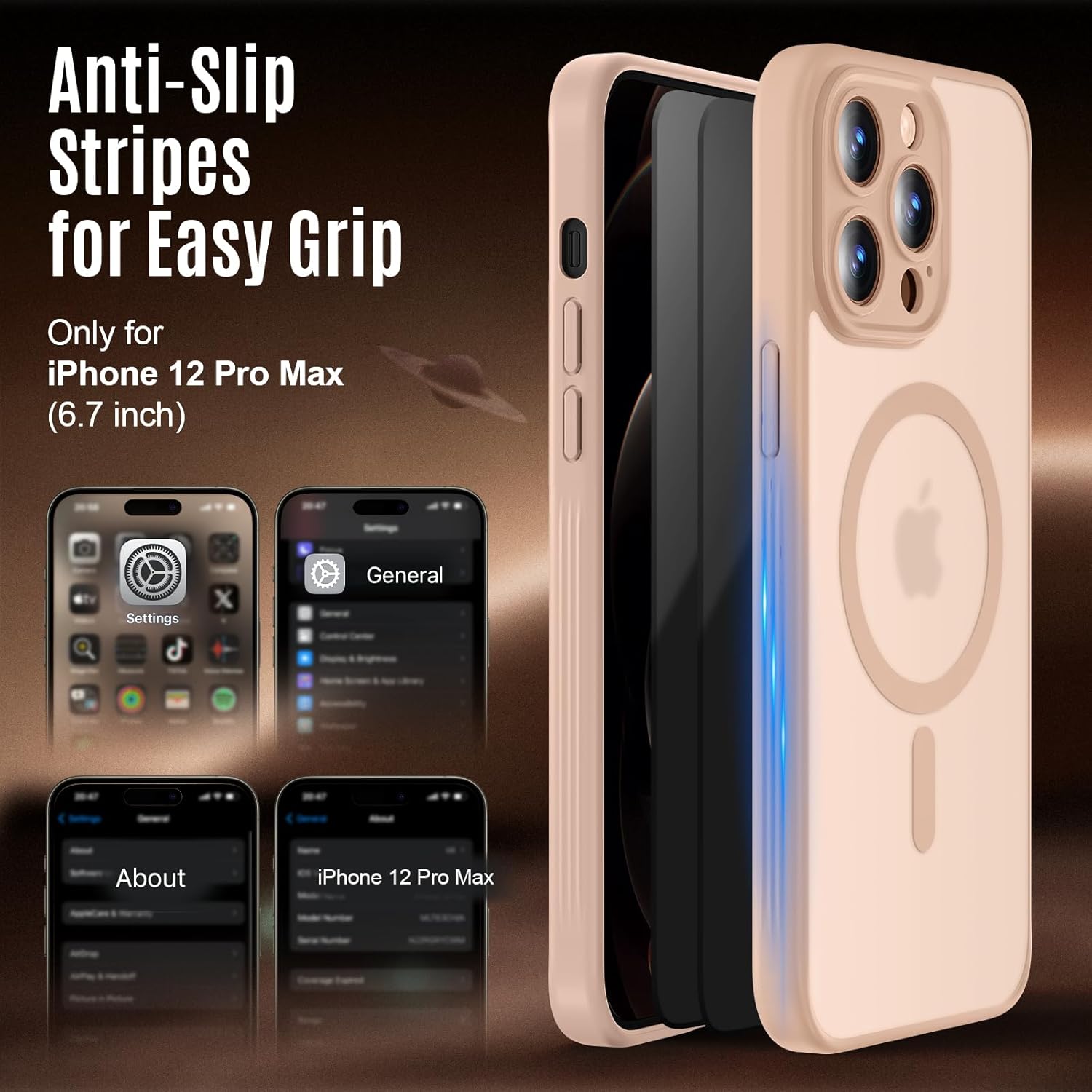 Designed for iPhone 12 Pro Max Case, Compatible with MagSafe, with Privacy Screen Protectors X2, [Camera Protection] [15FT Military Drop Protection] Shockproof Phone Case, 6.7", Light Brown