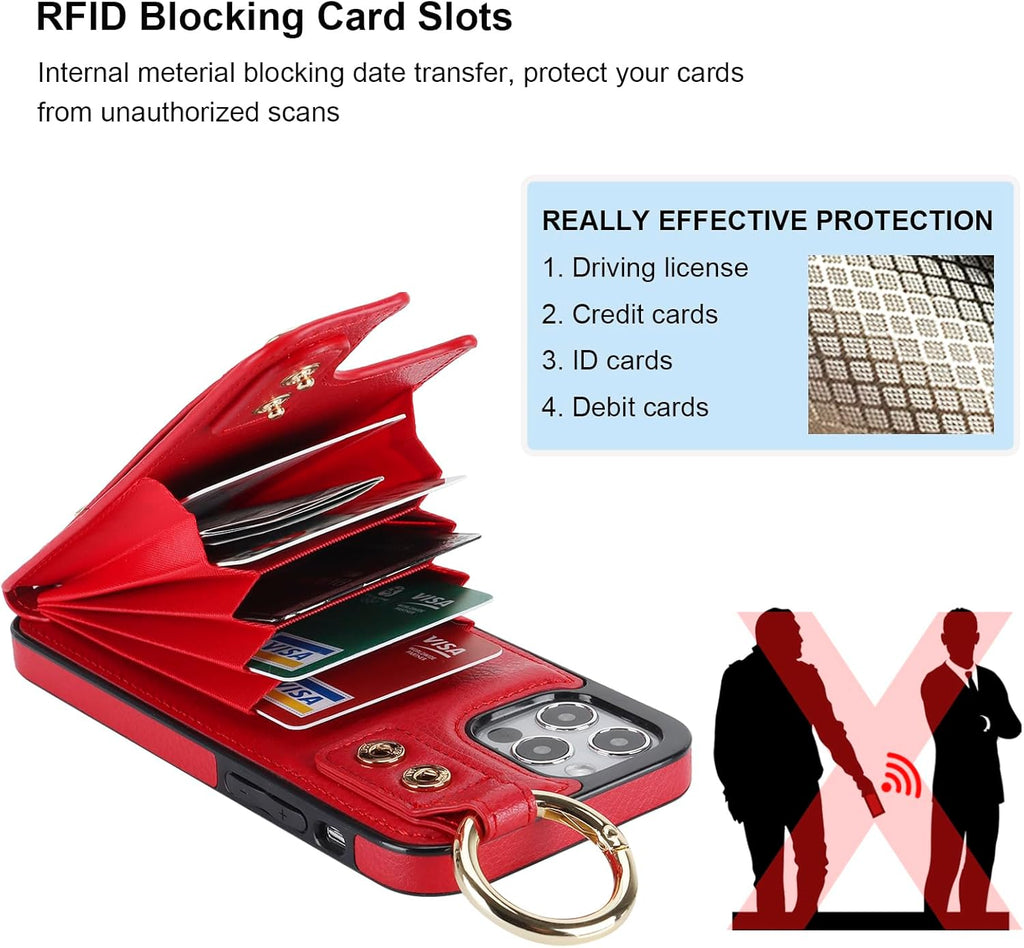 Folosu for iPhone 12/12 Pro Wallet Case with Card Holder, Hand Wrist Strap Loop Holder Kickstand, RFID Blocking Finger Grip Ring PU Leather Double Buttons Shockproof Cover 6.1 Inch Red
