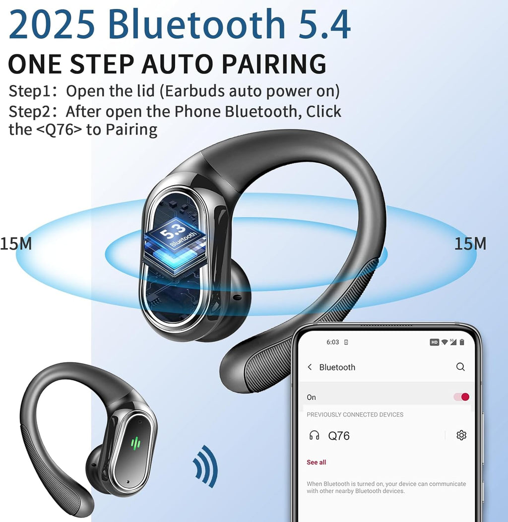 Wireless Earbuds, 2025 Bluetooth 5.4 Headphones Sport, 50Hrs HiFi Stereo Deep Bass Over-Ear buds with ENC Noise Cancelling Mic, IP7 Waterproof & LED Display Earphones with Earhooks for Workout/Running