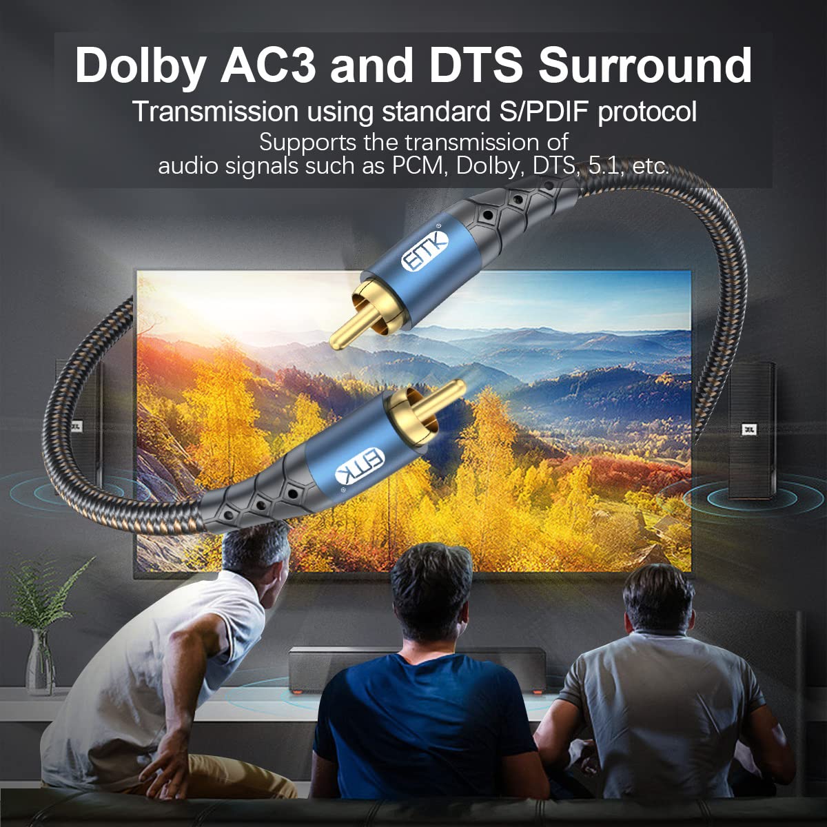 EMK Subwoofer Cable RCA to RCA Audio Cable 24K Gold-Plated Nylon Braided Double Shielded Digital Analogue Supports Amplifiers,Home Theater,Hi-Fi Systems,Subwoofer(25ft/8m)