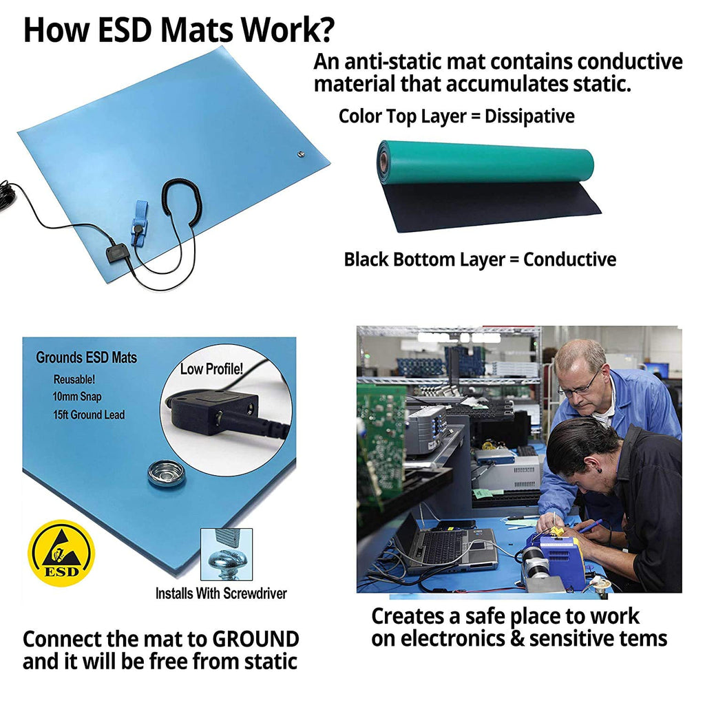 RubberStat Dual Layer ESD Compliant Workstation Rubber Table Mat Kit, Soldering, Cell Phone Repair, with Wrist Strap Set and Ground Cord - 24"x72" Green