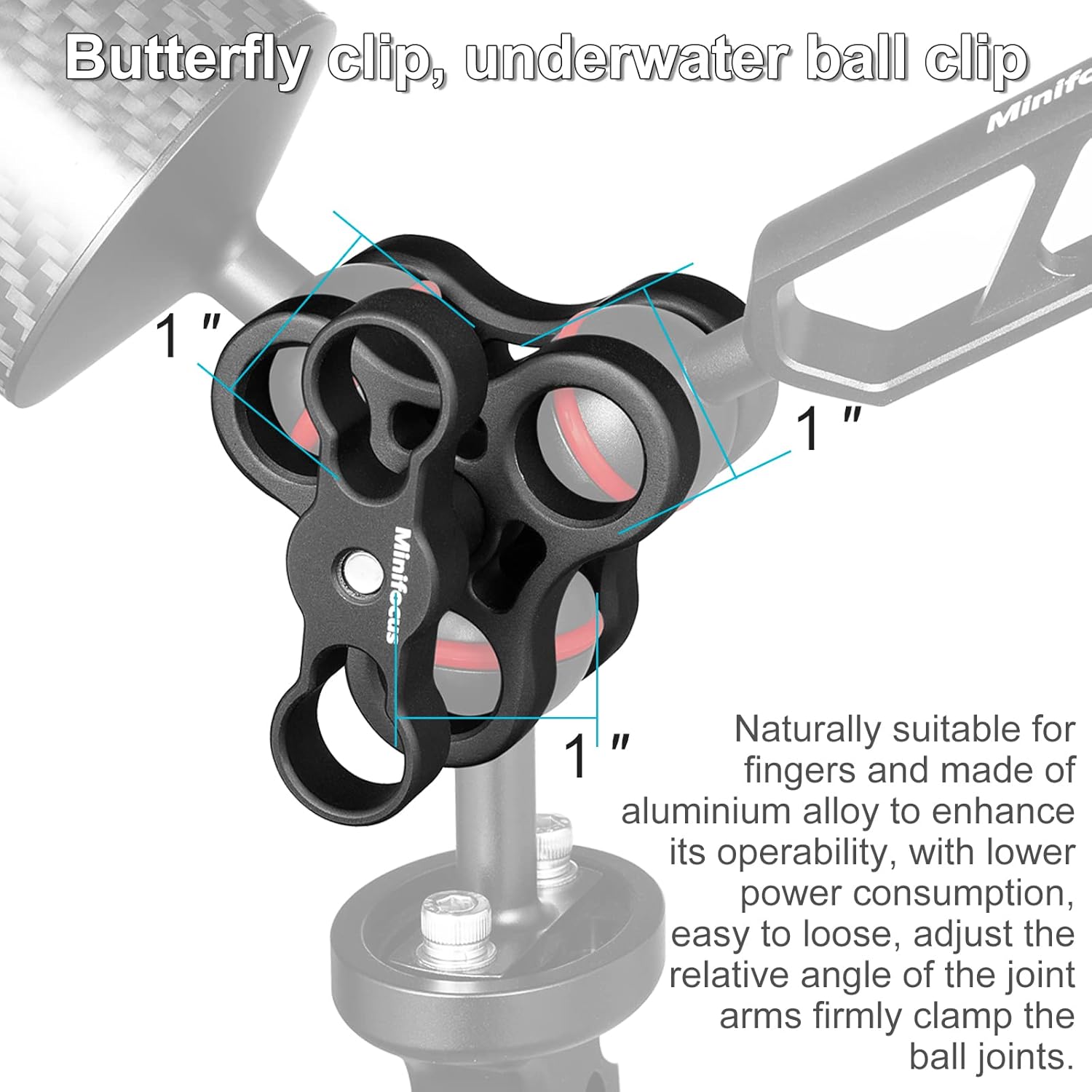 MINIFOCUS 2PCS 1'' Aluminum Triple Holes Ball Clamp Mount for Underwater Diving Light Arms Tray System, Photography Diving Camera, 360° Clip for GoPro Action Camera Flashlight Arms System