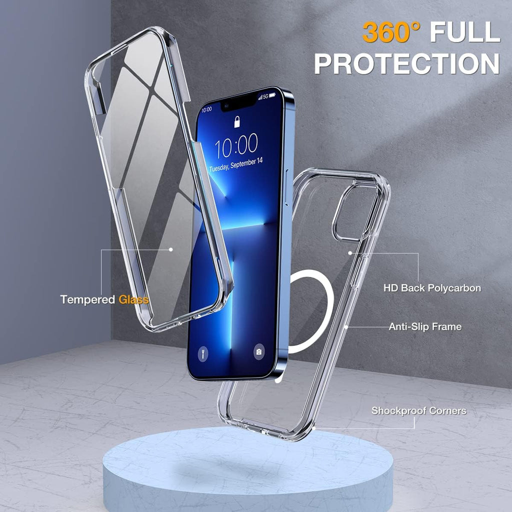 Miracase Magnetic for iPhone 13 Pro Max Case 6.7 inch, (Compatible with MagSafe) Upgrade Full-Body Clear Phone Bumper Case with Built-in 9H Tempered Glass Screen Protector, Magnetic Clear