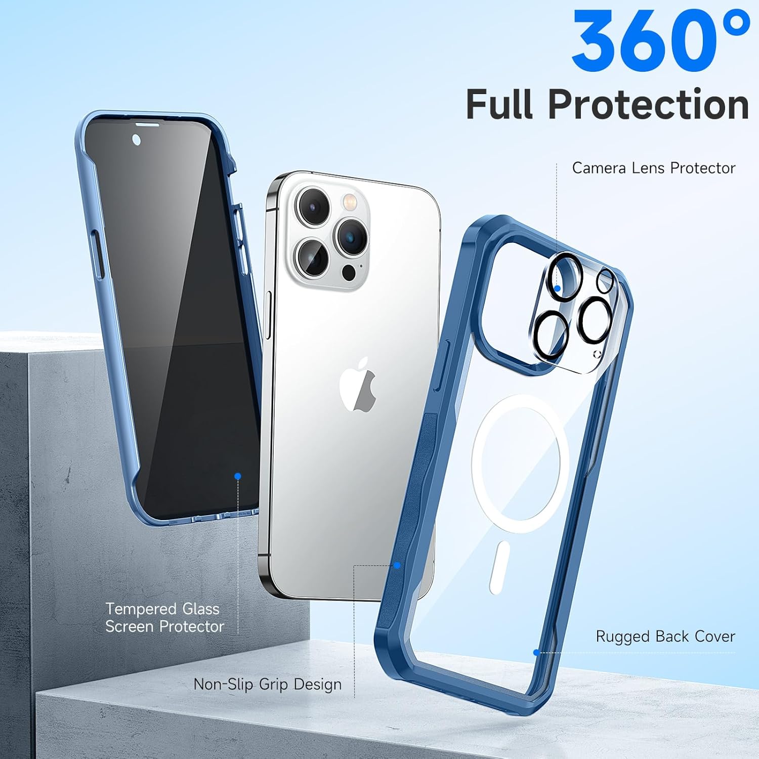 seacosmo for iPhone 14 Pro Max Case, Full Body Bumper with Built-in 9H Tempered Glass Privacy Screen Protector and Camera Lens Protector, Compatible with MagSafe, Shockproof Phone Case, 6.7", Blue