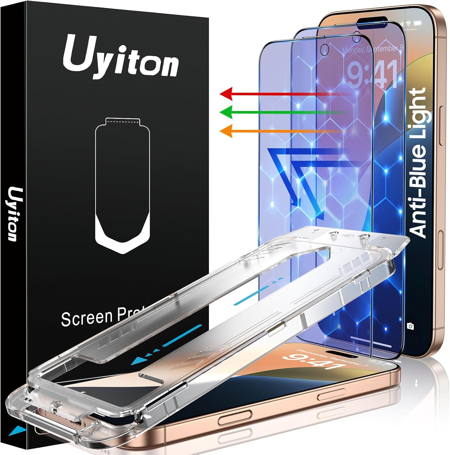 Uyiton Compatible with iPhone 16 Pro Screen Protector (Anti-Blue Light) - [Easy to Install] Shatterproof Full Coverage [Case Friendly] 9H Tempered Glass Screen Protector for iPhone 16 Pro, 2 Pack