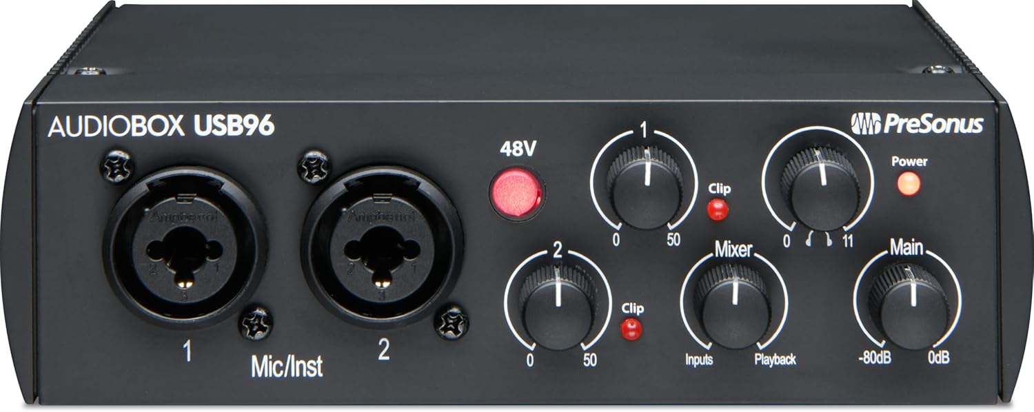 PreSonus AudioBox USB 96 Bundle — USB Audio Interface, XLR Interface for Guitar, Device for PC & Mac, Complete Recording Package with Studio One Pro, Music Production, Home Studio