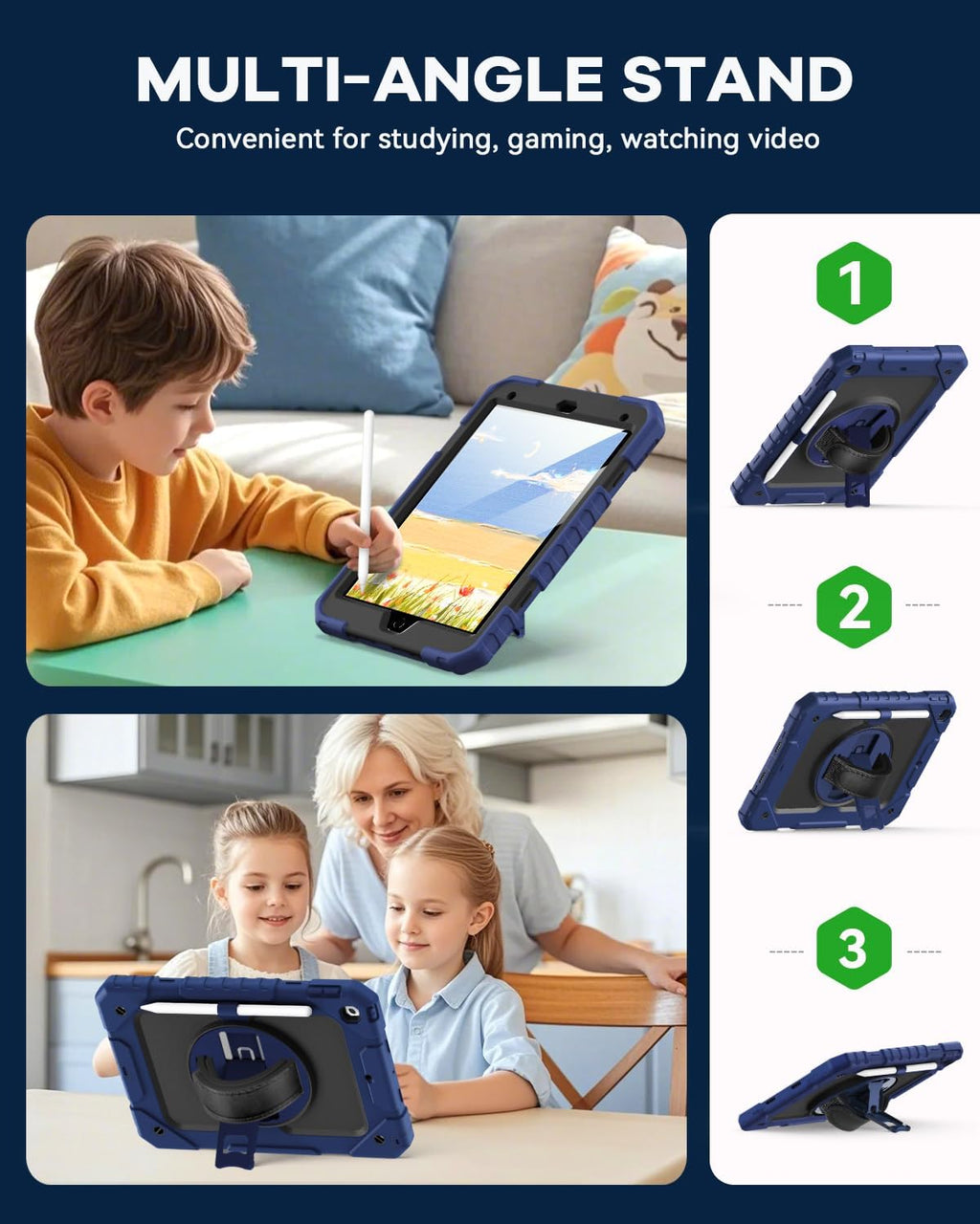 Cantis Case for iPad 9th/8th/7th Generation with Screen Protector, iPad 10.2 Case 2021/2020/2019 with 360 Degree Rotating Stand/Shoulder Strap/Pencil Holder, Navy Blue