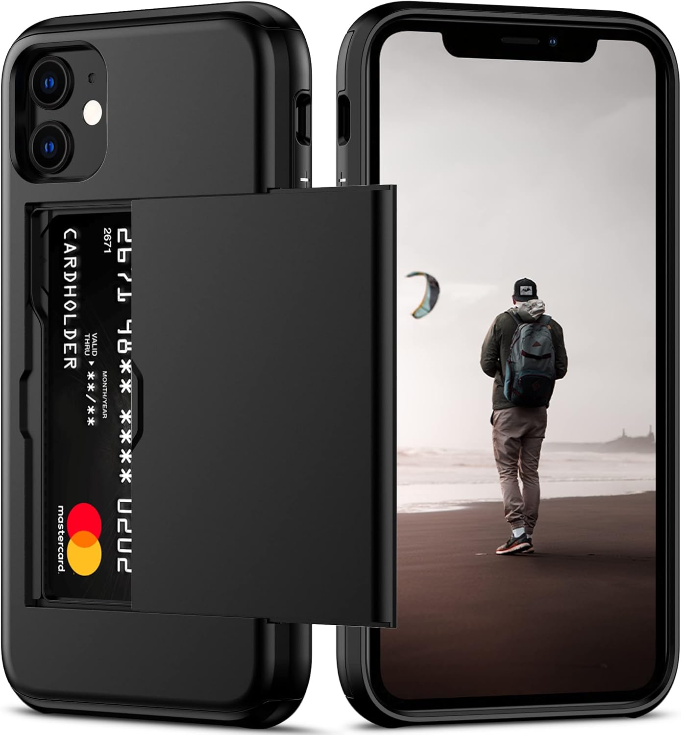 Nvollnoe for iPhone 11 Case with Card Holder Heavy Duty Protective Dual Layer Shockproof Hidden Card Slot Slim Wallet Cover for iPhone 11 for Men&Women(Black)