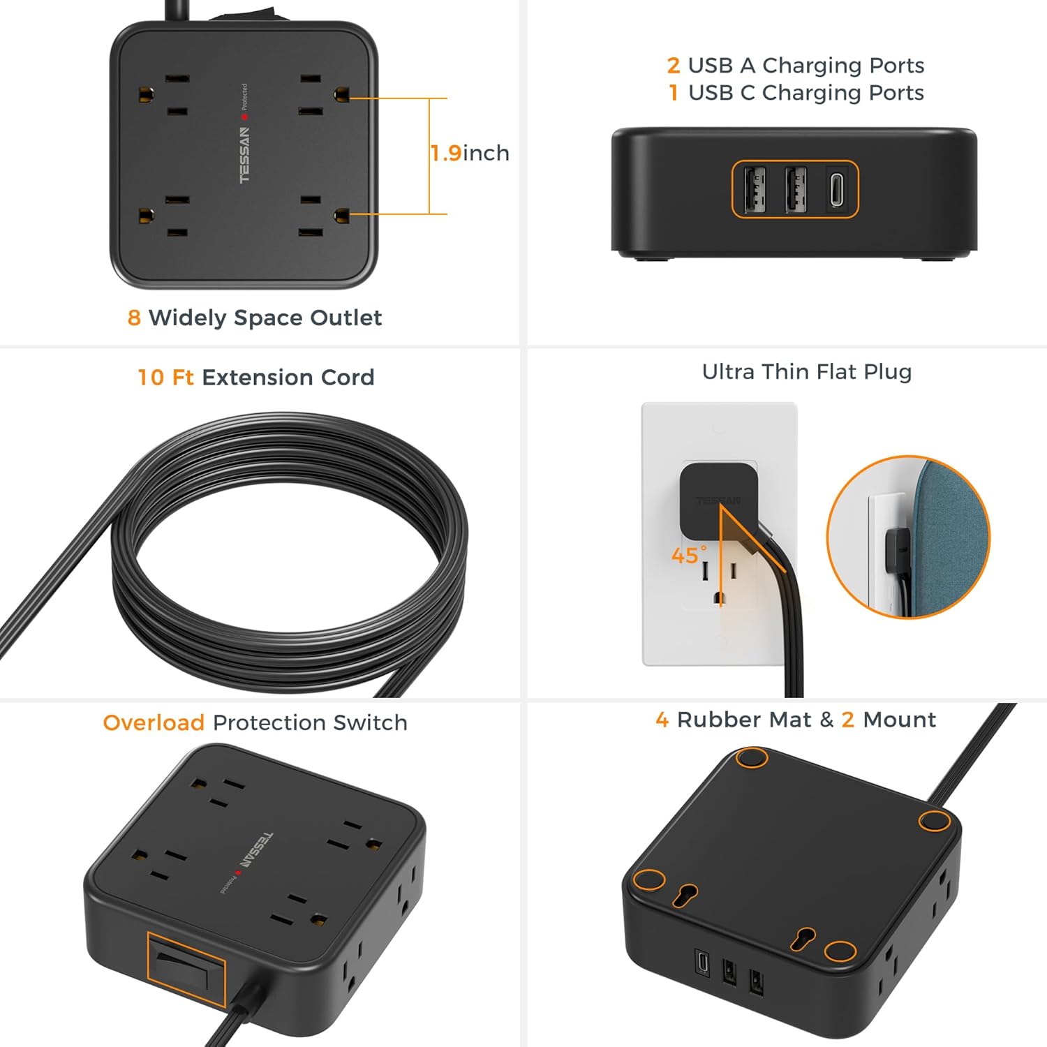 Power Strip Surge Protector 10 Ft Cord, TESSAN 8 AC Outlets 3 USB Charger (1 USB C Port), Thin Flat Extension Cord 10 Feet, Flat Plug, 900 Joules Protection, for Home, Office, Dorm Room Essentials