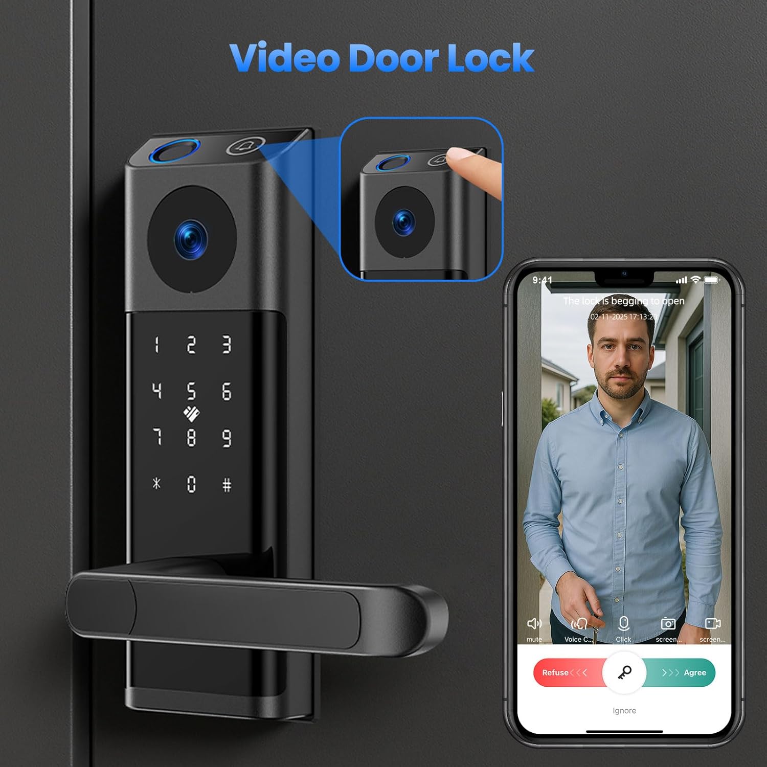 CAMCAMP WiFi Video Smart Lock with Camera & Doorbell, Keyless Entry Door Lock with Handle for Front Door, Five Ways to Unlock Fingerprint, App, Key, Fob, Keypad, Auto Lock, Easy to Install