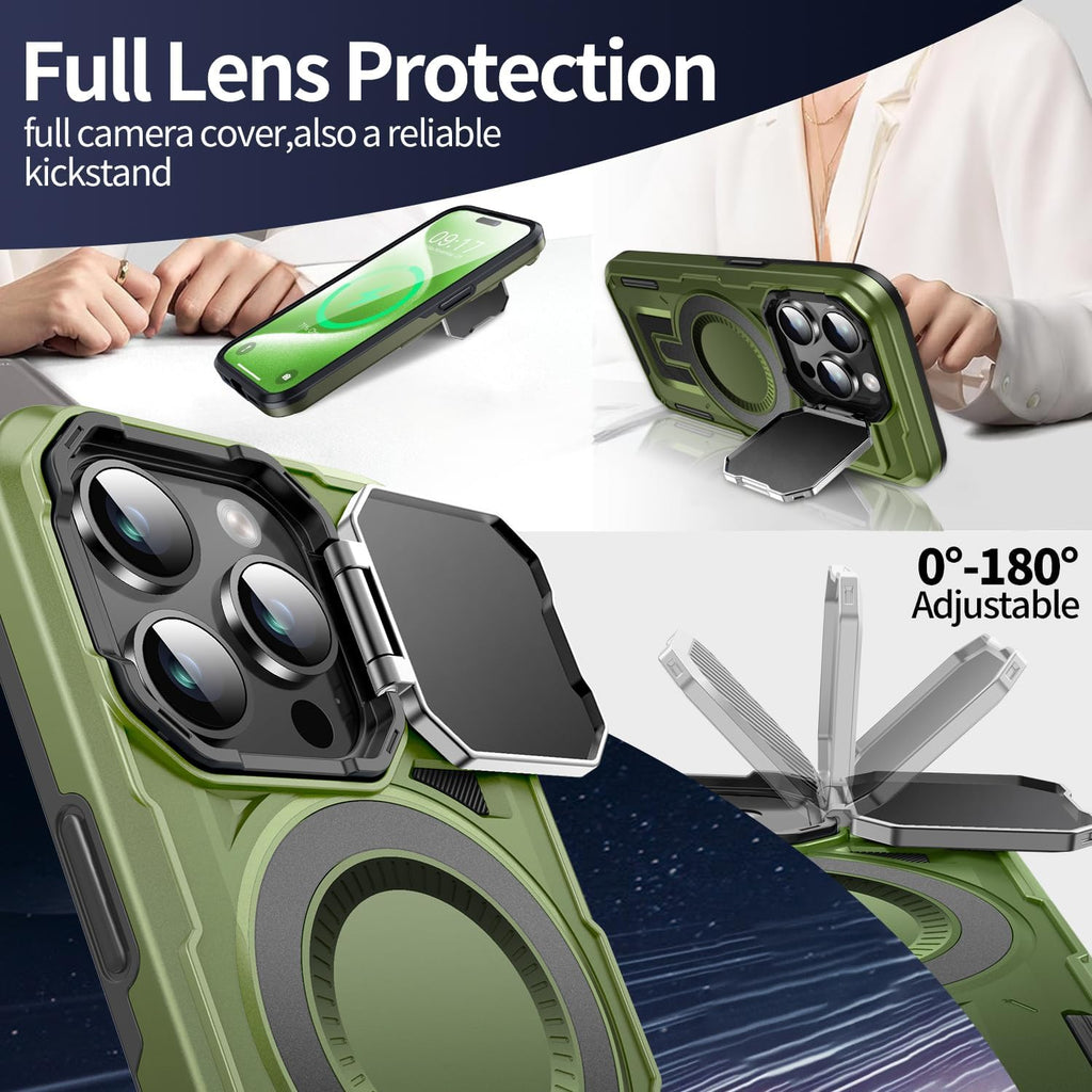 Camera Stand Case for iPhone 15 Pro Max, [Compatible with Mag Safe] [Lens Cover] 2024 Version Military Grade Protective Soft Case for iPhone 15 Pro Max 6.7 inch Men Women, Green