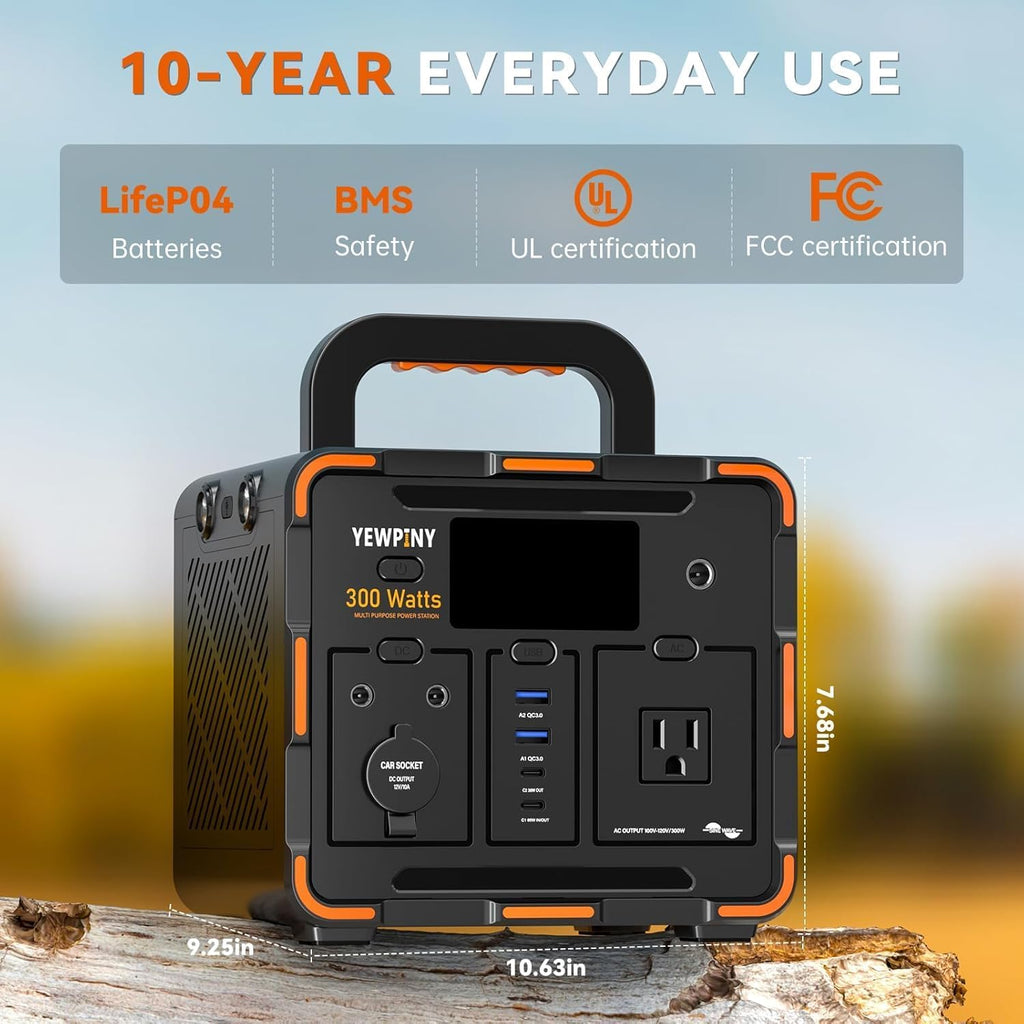 300W Solar Generator, 259Wh Portable Power Station EM300, 70,000mAh LiFePO4 Battery with 65W USB-C PD&Pure Sine Wave AC, Solar Charging for Camping,Home Backup,Emergency Power(SOS Light & LCD Display)