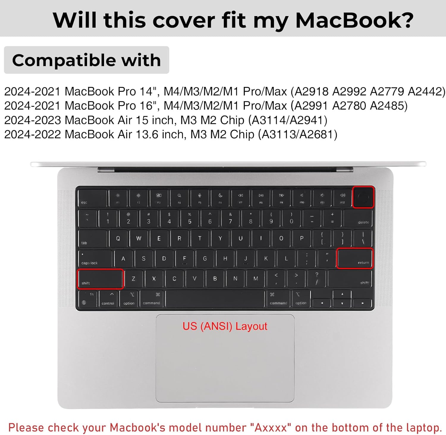 EooCoo Premium Keyboard Cover Skin Ultra Thin Protector Compatible with 2025-2021 MacBook Air 15" 13.6" M4 M3 M2 Chip, MacBook Pro 14" 16" M4 M3 M2 M1 Pro Max Chip, Black