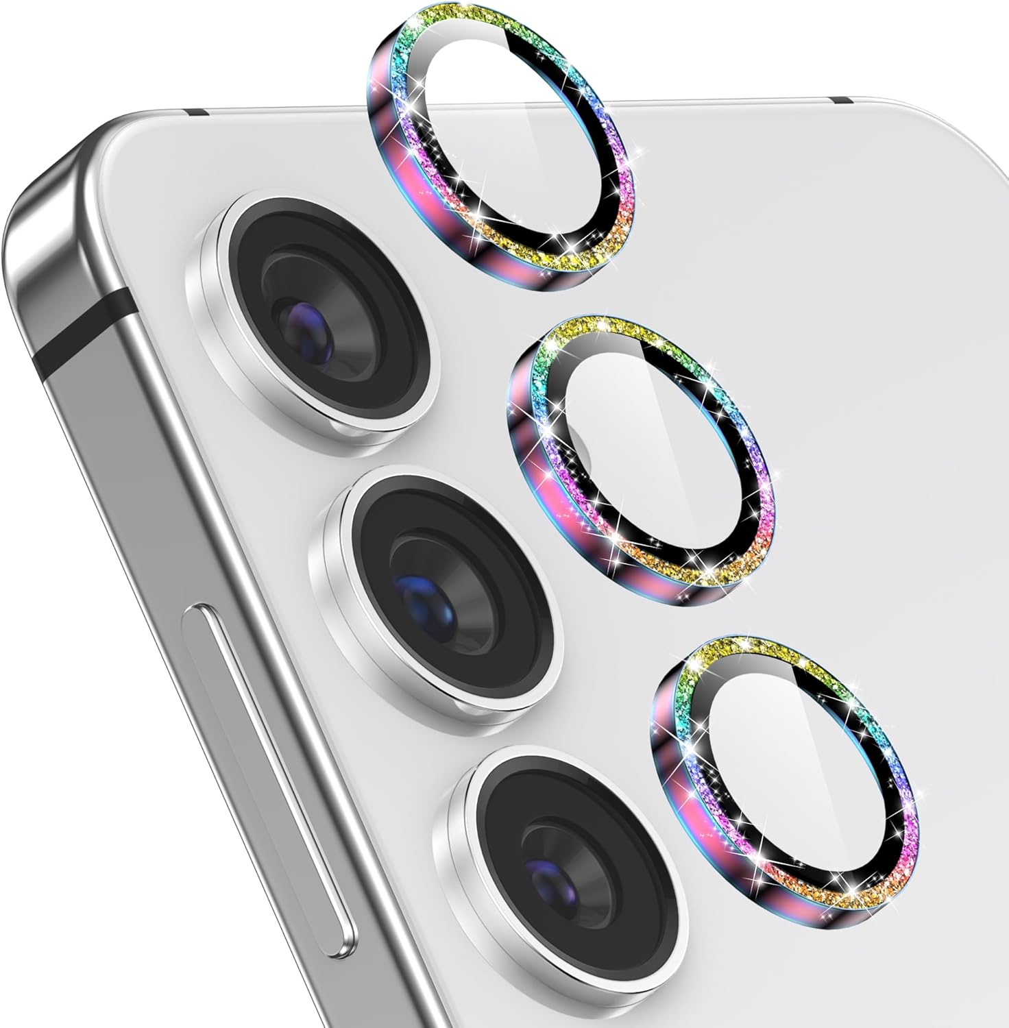 YWXTW Camera Lens Protector for Samsung Galaxy S24 / S23 / S23 Plus, [NOT for S24 Plus] 9H Tempered Glass Metal Individual Ring Camera Screen Protector for S24 Accessories (Colored Glitter)