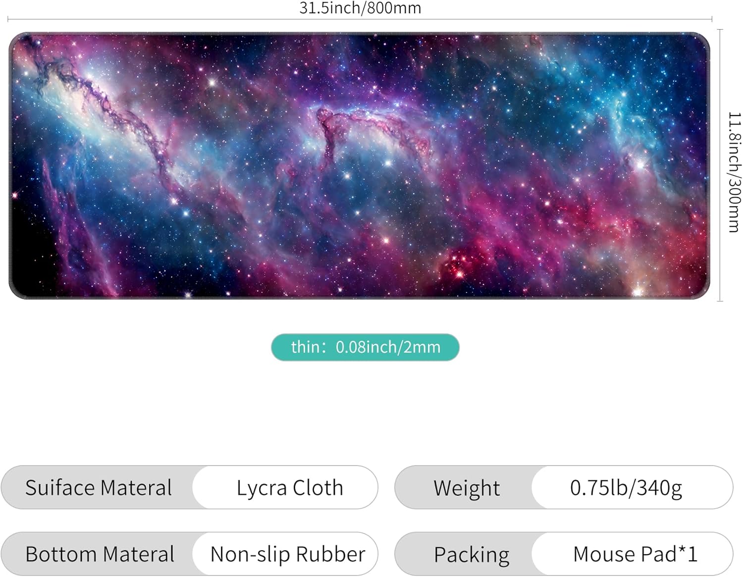 Dynippy Thin Extended Gaming Mouse Pad （31.5 * 11.8 * 0.08 inch） with Stitched Edges Large Mousepad Long XXL Keyboard and Mouse pad Desk Mat for Gaming Office & Home - Galaxy Nebula Space
