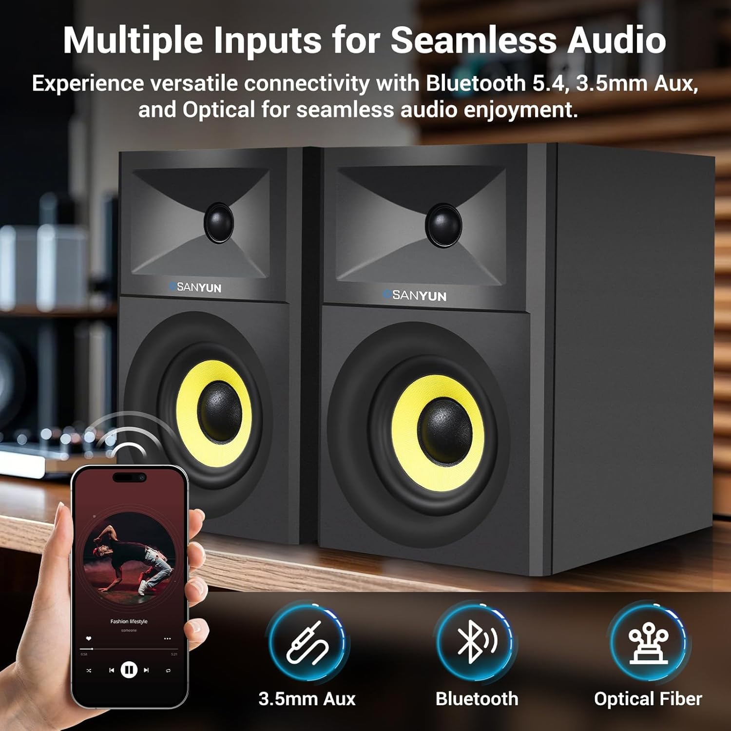 SW205 4" Bookshelf Speakers | Immersive HiFi Audio with Virtual Surround | Flagship DAC/DSP Engine | Geometric Diffusion Cabinet | 80W, Bluetooth 5.4/Optical/AUX Inputs, Wireless Remote, Black