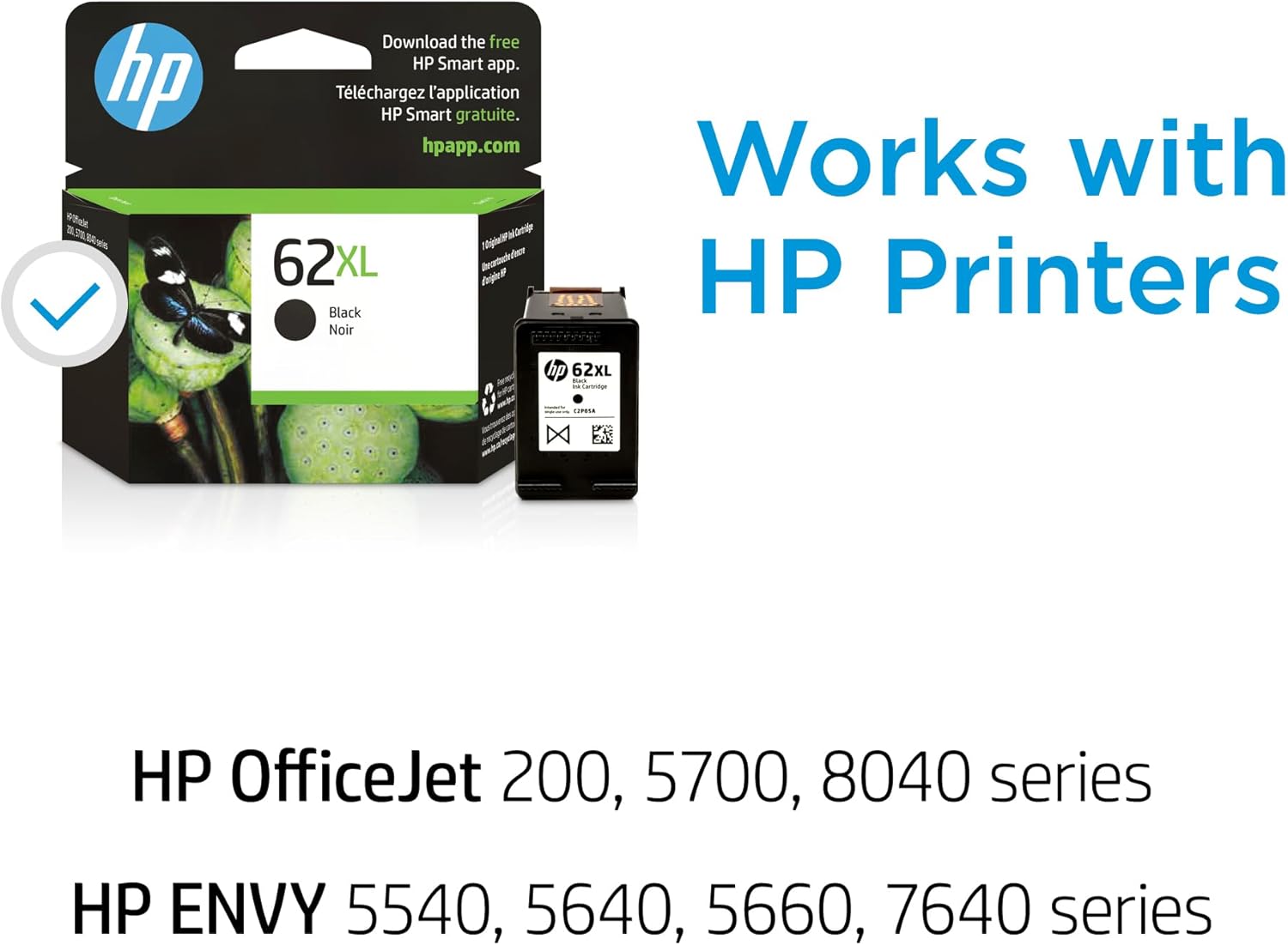 HP 62XL Black High-yield Ink Cartridges for HP Printers | Works with Printer Series: ENVY 5540, 5640, 5660, 7640, OfficeJet 5740, 8040, OfficeJet Mobile 200, 250 | Instant Ink | C2P05AN