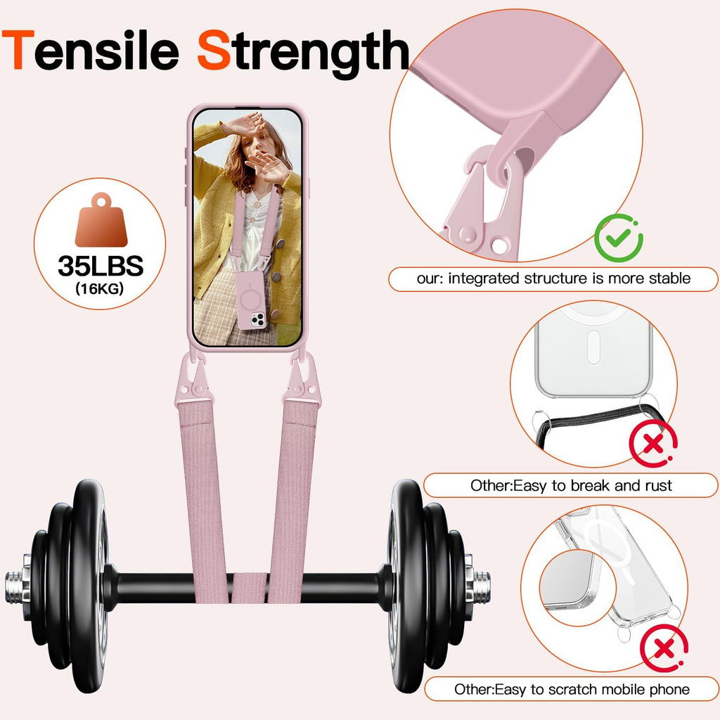 for iPhone 16 Case with Lanyard [Compatible with MagSafe], Crossbody Phone Case with Neck Strap Adjustable, Magnetic Phone Cover for iPhone 16 6.1'' Pink
