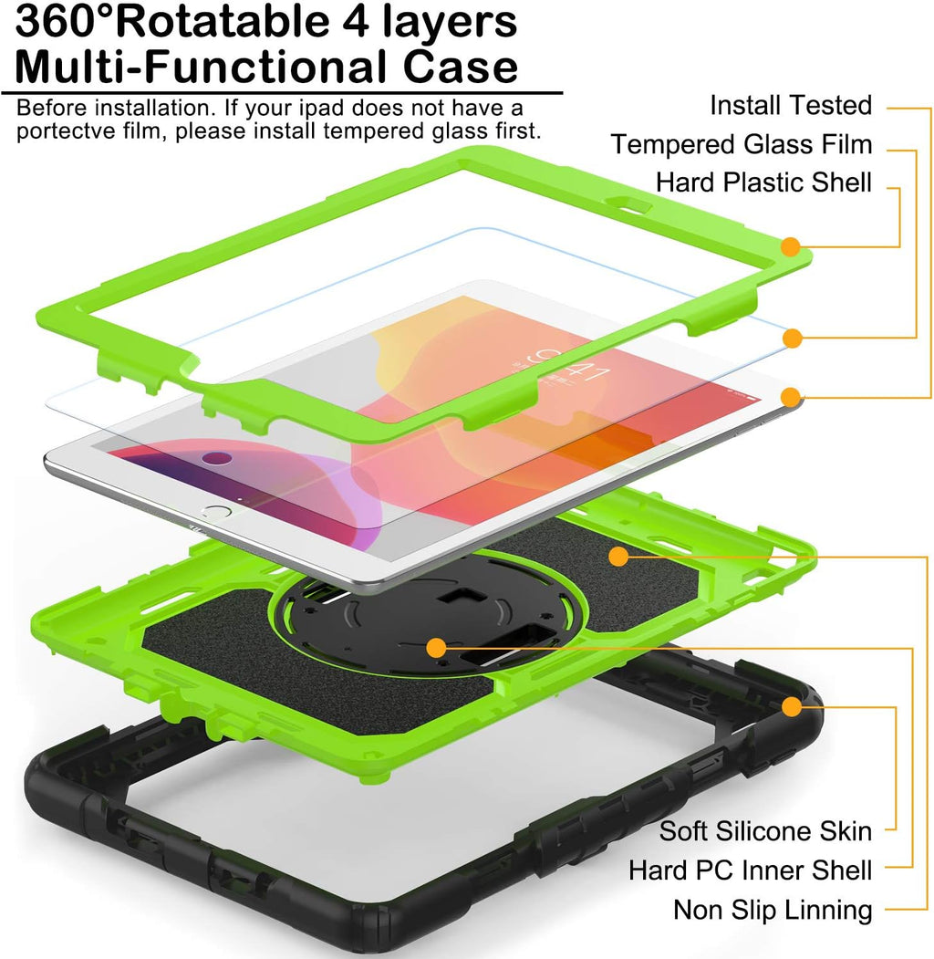 BLOSOMEET Case for iPad 9th/8th/7th Generation 2021/2020/2019 10.2 Inch with Tempered Glass Screen Protector & Pencil Holder,Protective Kids iPad 10.2 Case Cover w/Stand Hand Shoulder Strap,Green