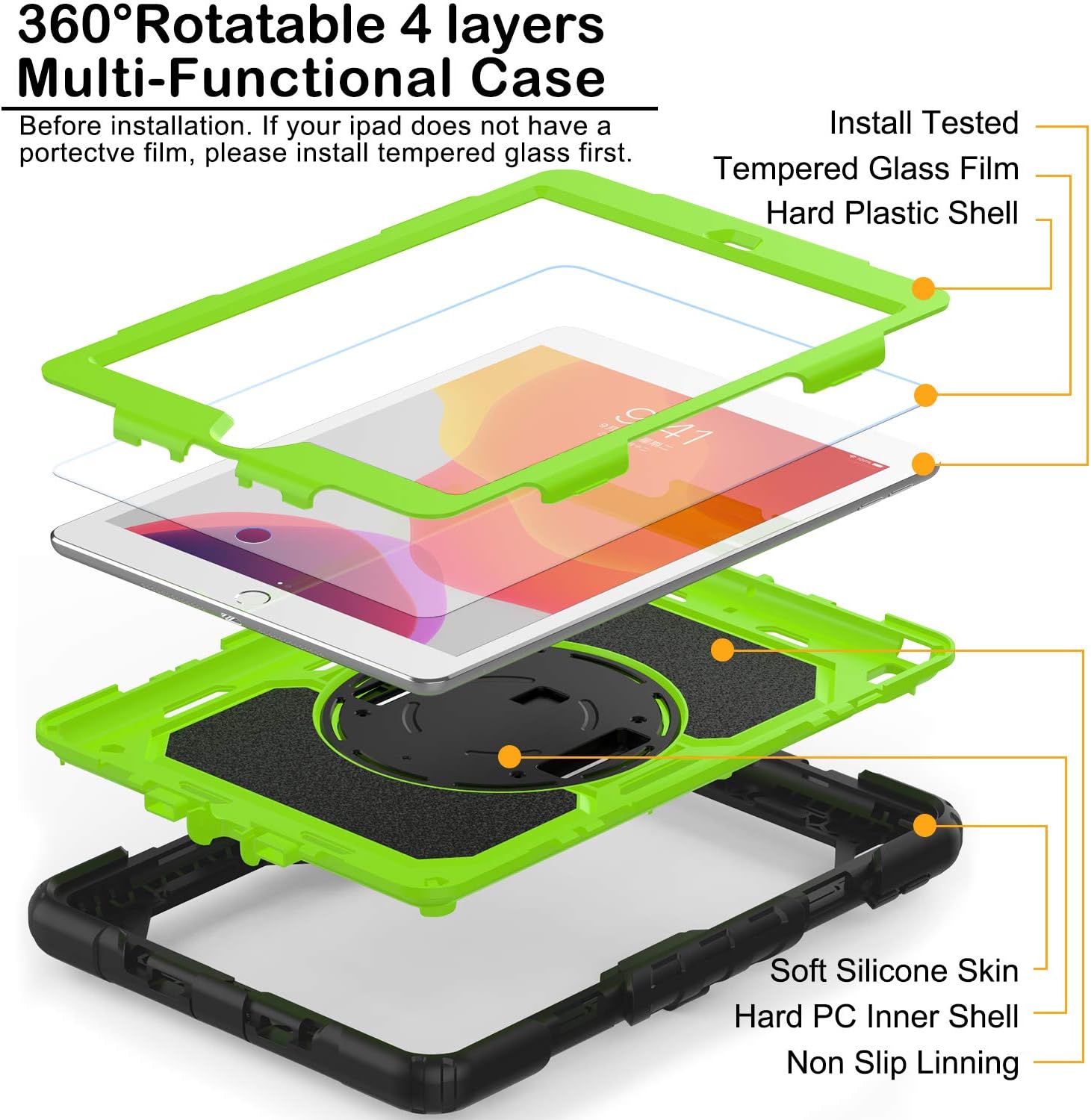 BLOSOMEET Case for iPad 9th/8th/7th Generation 2021/2020/2019 10.2 Inch with Tempered Glass Screen Protector & Pencil Holder,Protective Kids iPad 10.2 Case Cover w/Stand Hand Shoulder Strap,Green