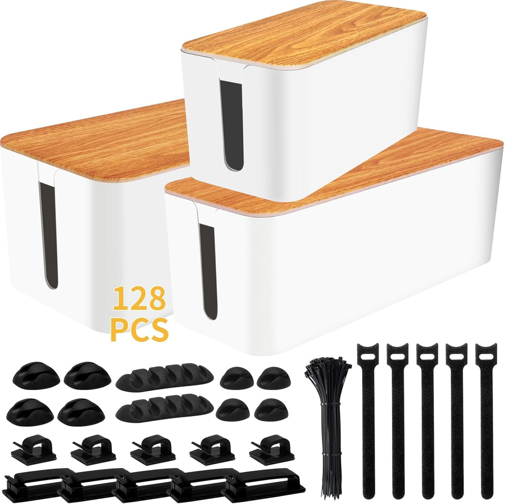Cable Management Box 3 Pack with 125PCS Cable Management Kit for Power Strip to Hide Wires,Cord Organizer Boxes,Safe ABS Material Wire Organizer of Cable Clips Sleeve