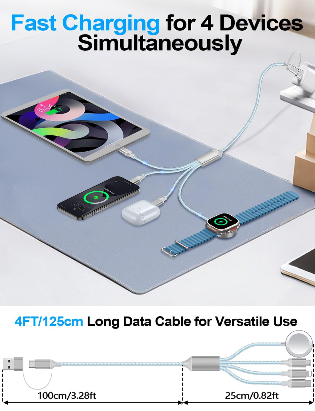 4-in-2 Charging Cable for Apple Watch Charger/Samsung/iPhone Charger,Car/Office/Camping/Travel Essentials,Type C Cable Multi Cord for iWatch Ultra/10-2/iPhone 16-11/Samsung S25-S20,iPad,airPods-Blue