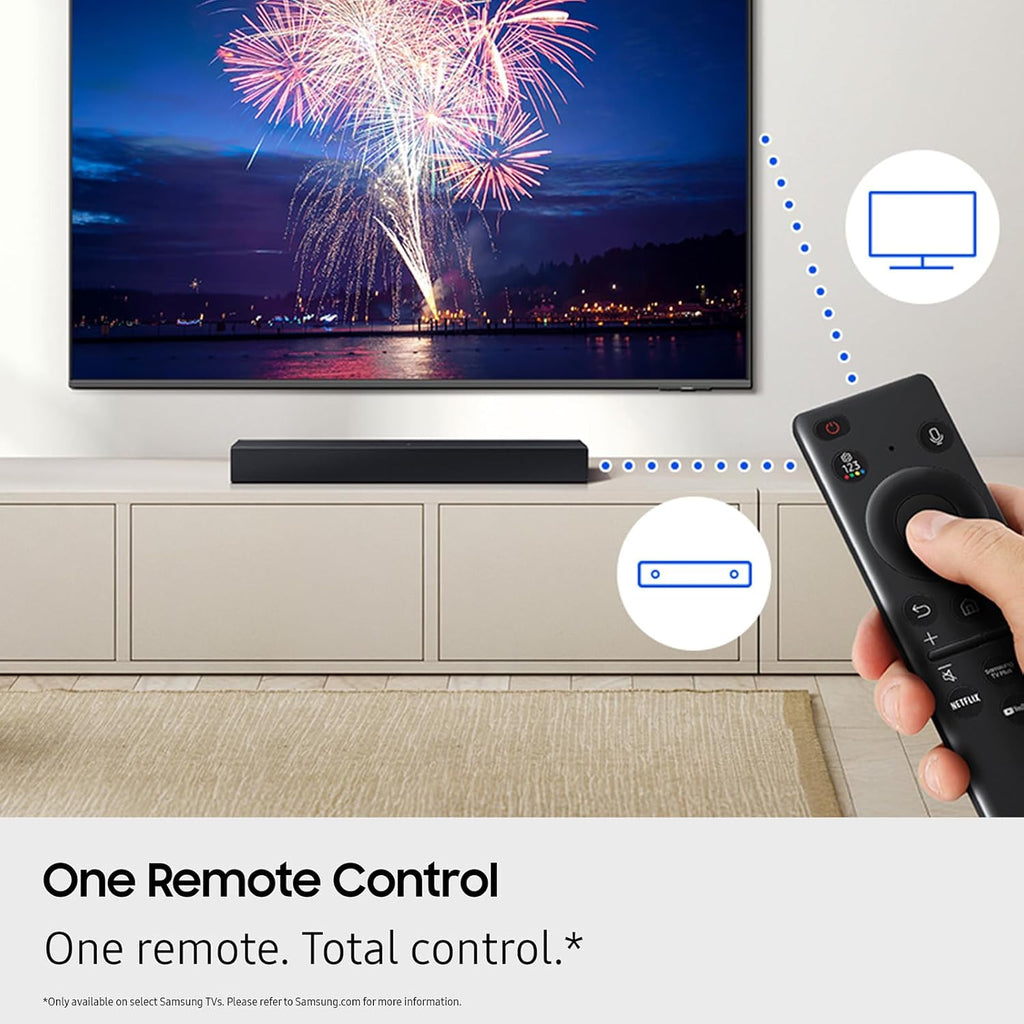 Samsung B-Series Soundbar HW B400F 2.0 ch Soundbar with Built in Subwoofer (2025 Model) One Remote Control, Surround Sound Expansion, Voice Enhance Mode