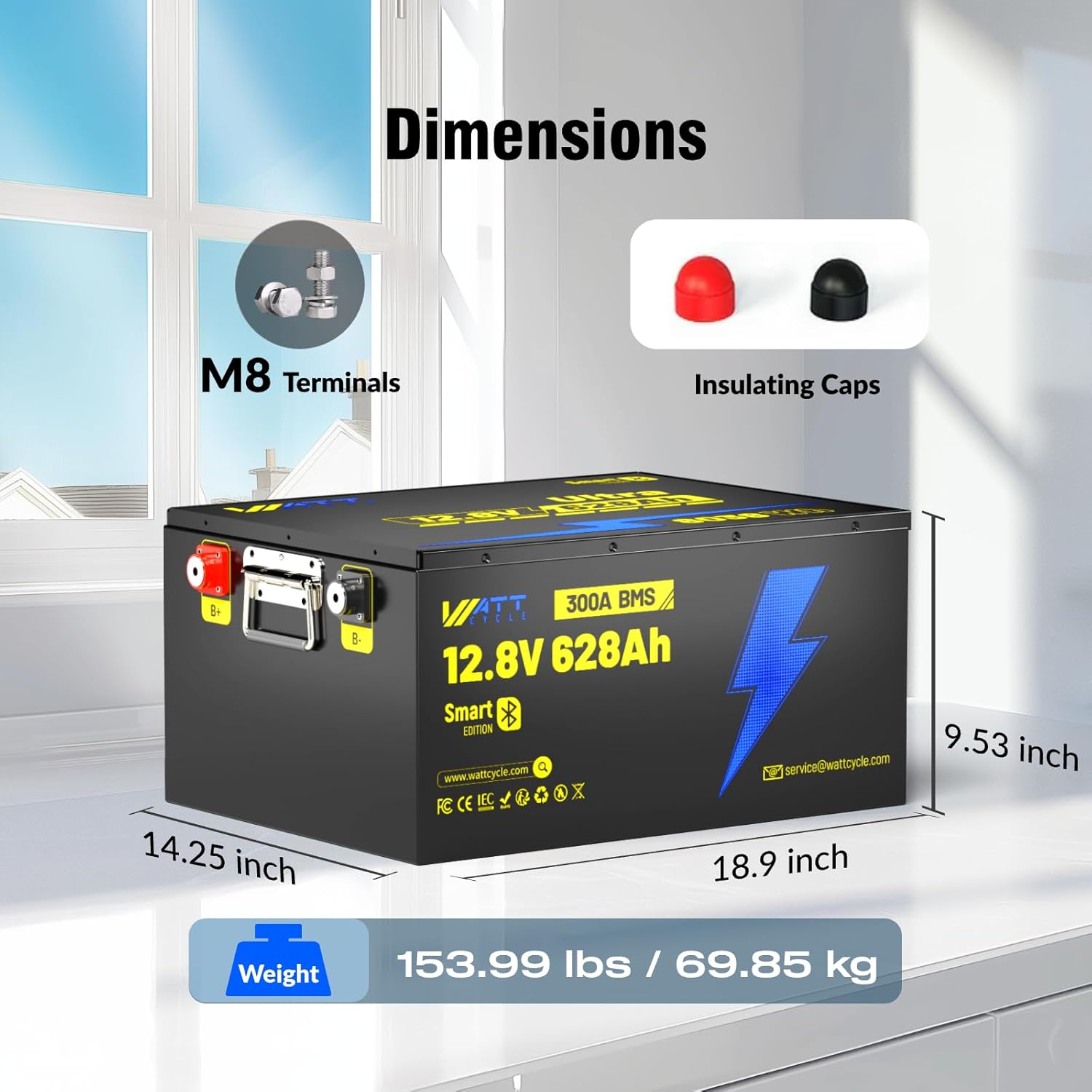 12V 628Ah LiFePO4 Lithium Battery 300A BMS, Built-in Bluetooth 5.0, Full Metal Case 8038Wh Energy, 15000+ Deep Cycles Batterys, Perfect for Home Energy, RV, Marine, Solar, Trolling Motor