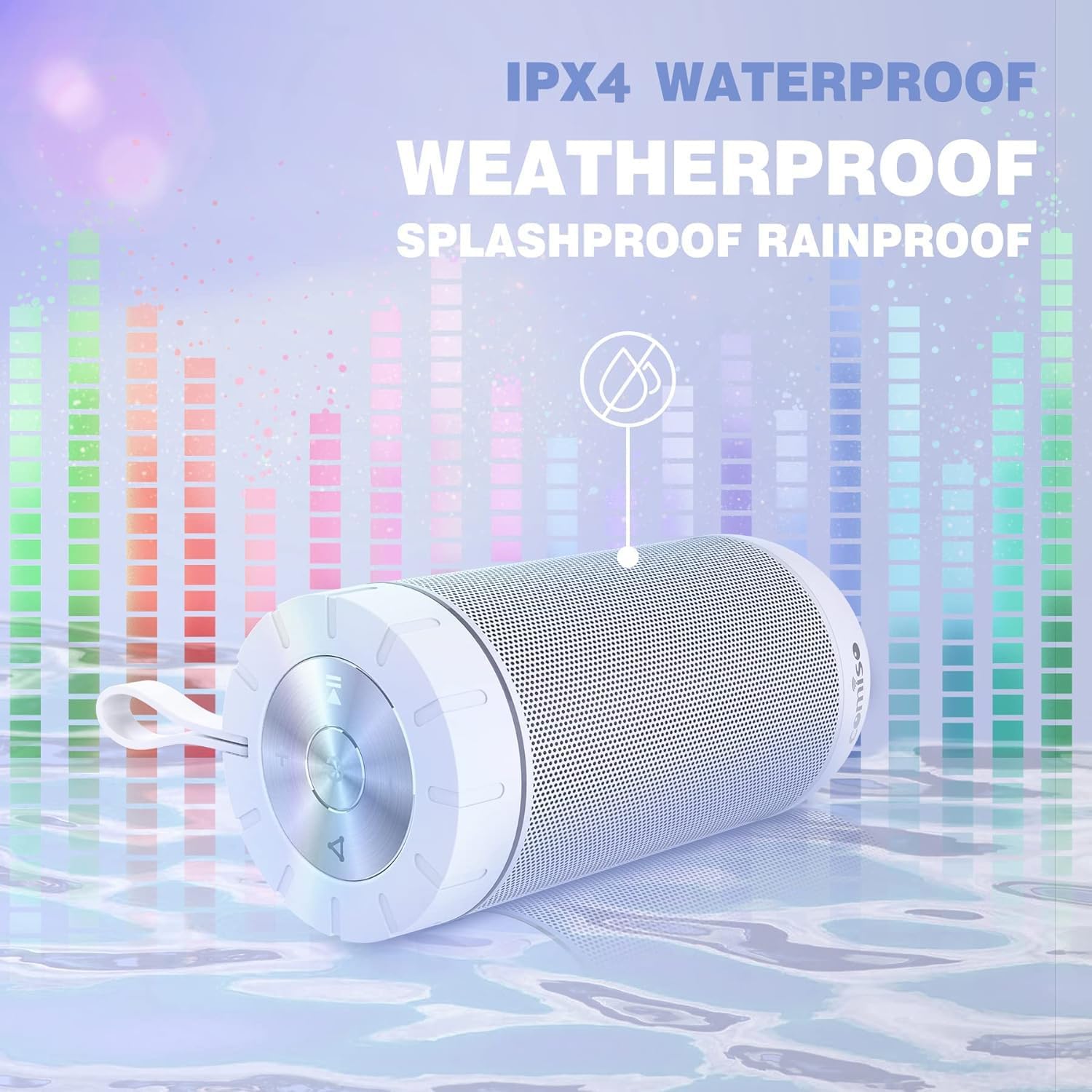 comiso X26 Bluetooth Speaker, IPX4 Waterproof Speakers 360° HD Surround Sound with Punchy Bass, Wireless Dual Pairing, 24H Playtime, Portable Speaker for Shower, Home, Outdoor, Camping, Beach-White