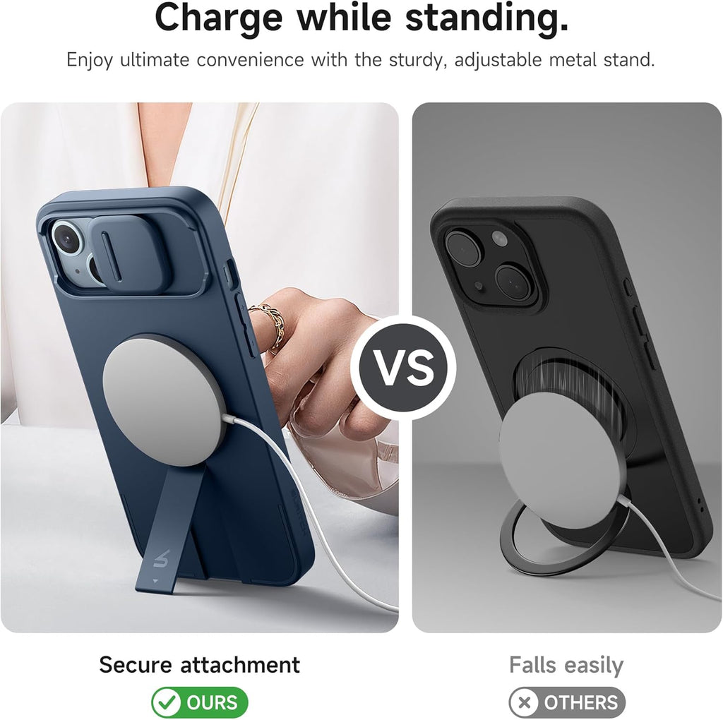 SURITCH for iPhone 14 Plus/15 Plus Case with Magnetic Camera Slide Cover and Adjustable Kickstand, Compatible with MagSafe, Shockproof Bumper Case Slim Protective Cover 6.7 Inch, Blue