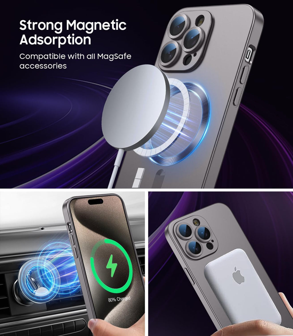 Magnetic for iPhone 15 Pro Max Case [Compatible with MagSafe][Built-in Camera Lens Protector] Slim Soft Silicone Bumper Shockproof Metallic Luster Phone Case (Titanium Gray)